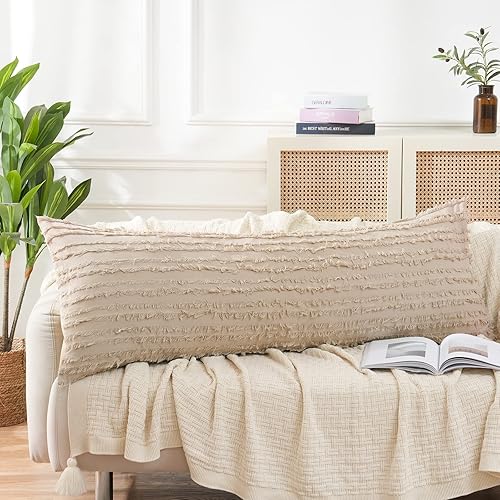 Miniatura 7 de Funda de almohada corporal beige de 20 x 54 pulgadas, funda de almohada larga para cama, 100% algodón, funda de almohada jacquard a rayas, 1 paquete