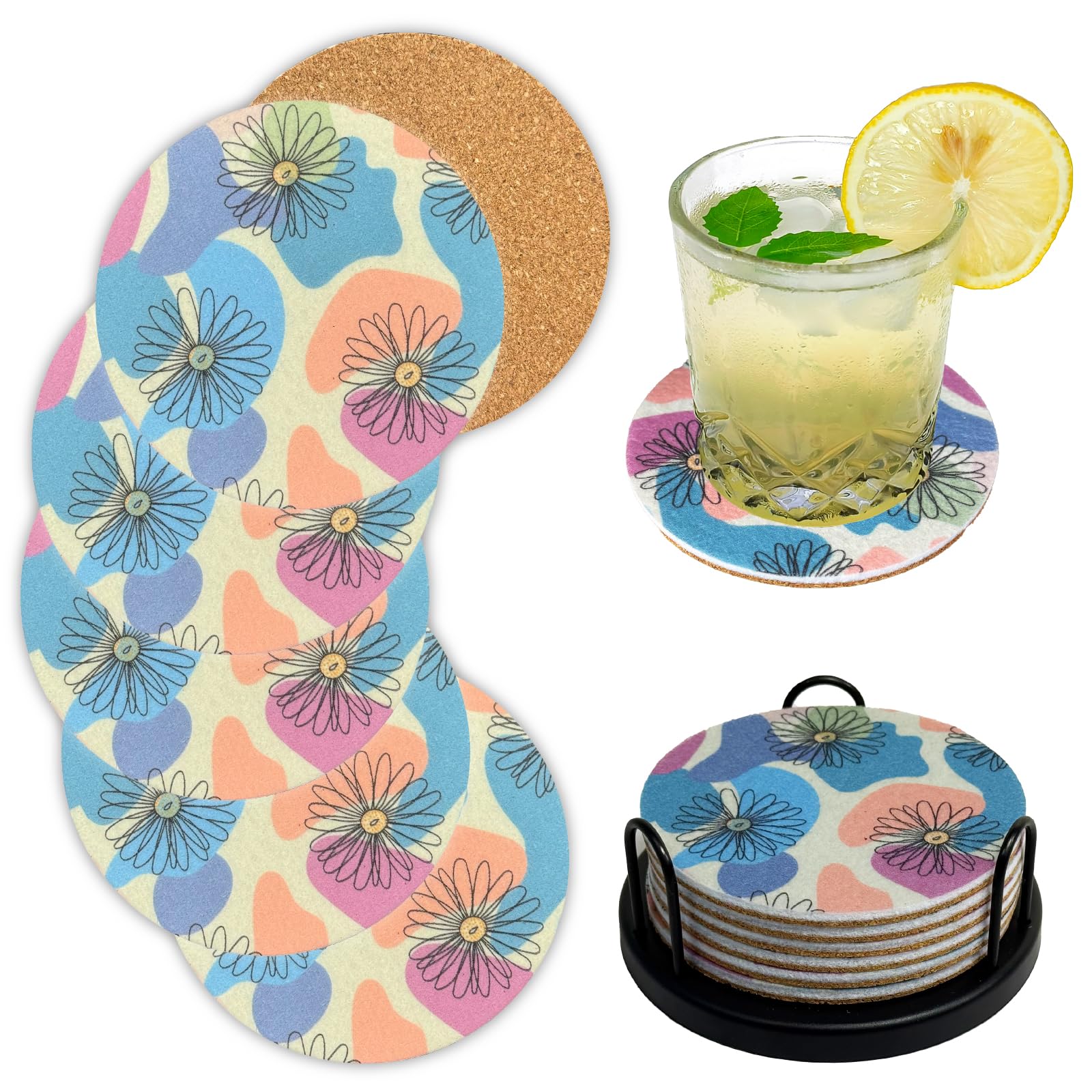 Pastel Daisy Pattern Felt Coasters Set of 6, Round Absorbent Drink Coasters, Non-Slip Cork Backing, Removable Holder