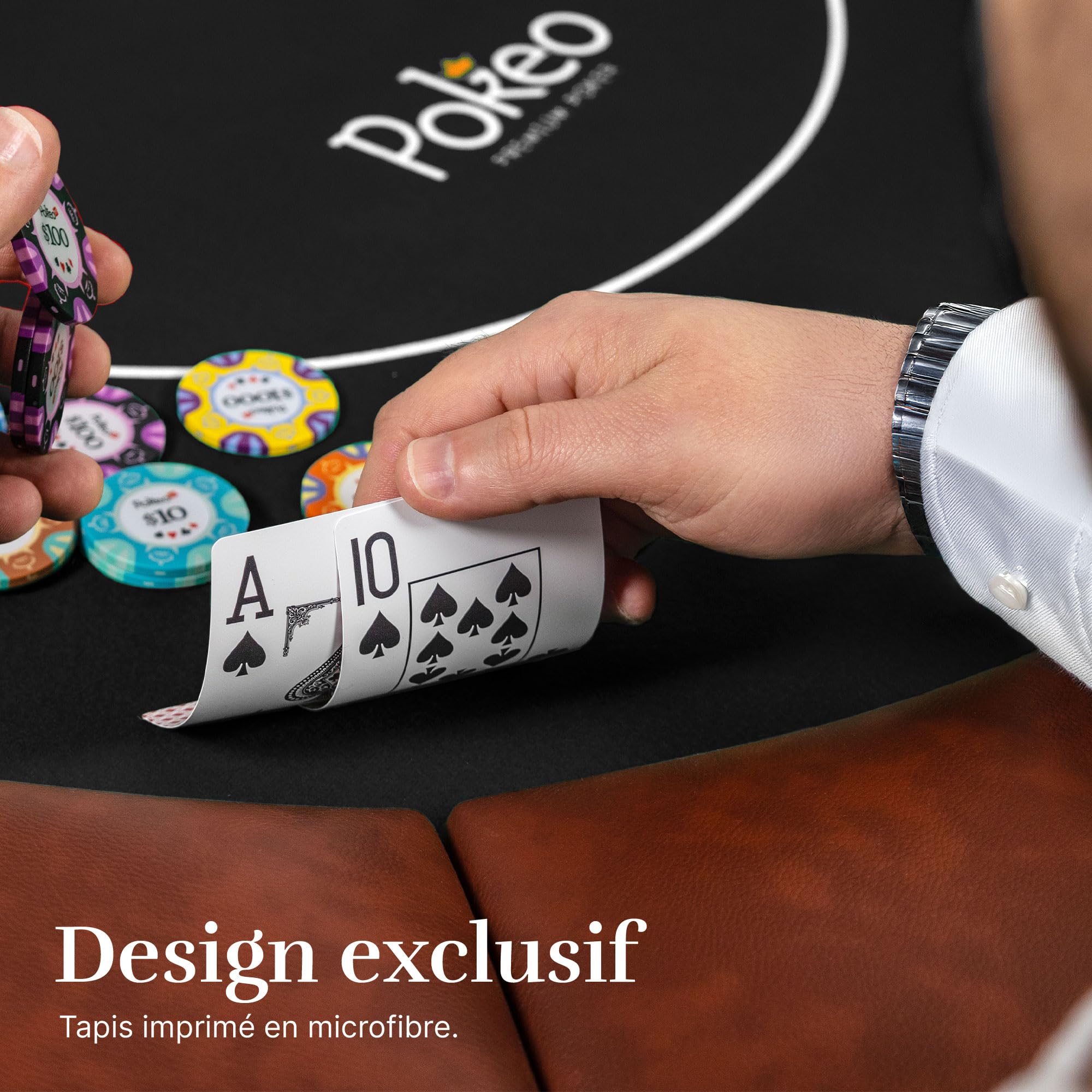 Mesa de Póker Plegable para 10 Jugadores – Tapete Negro – Compacta – Apoyabrazos PU Marrón – 10 Portavasos – Texas Hold'em Blackjack