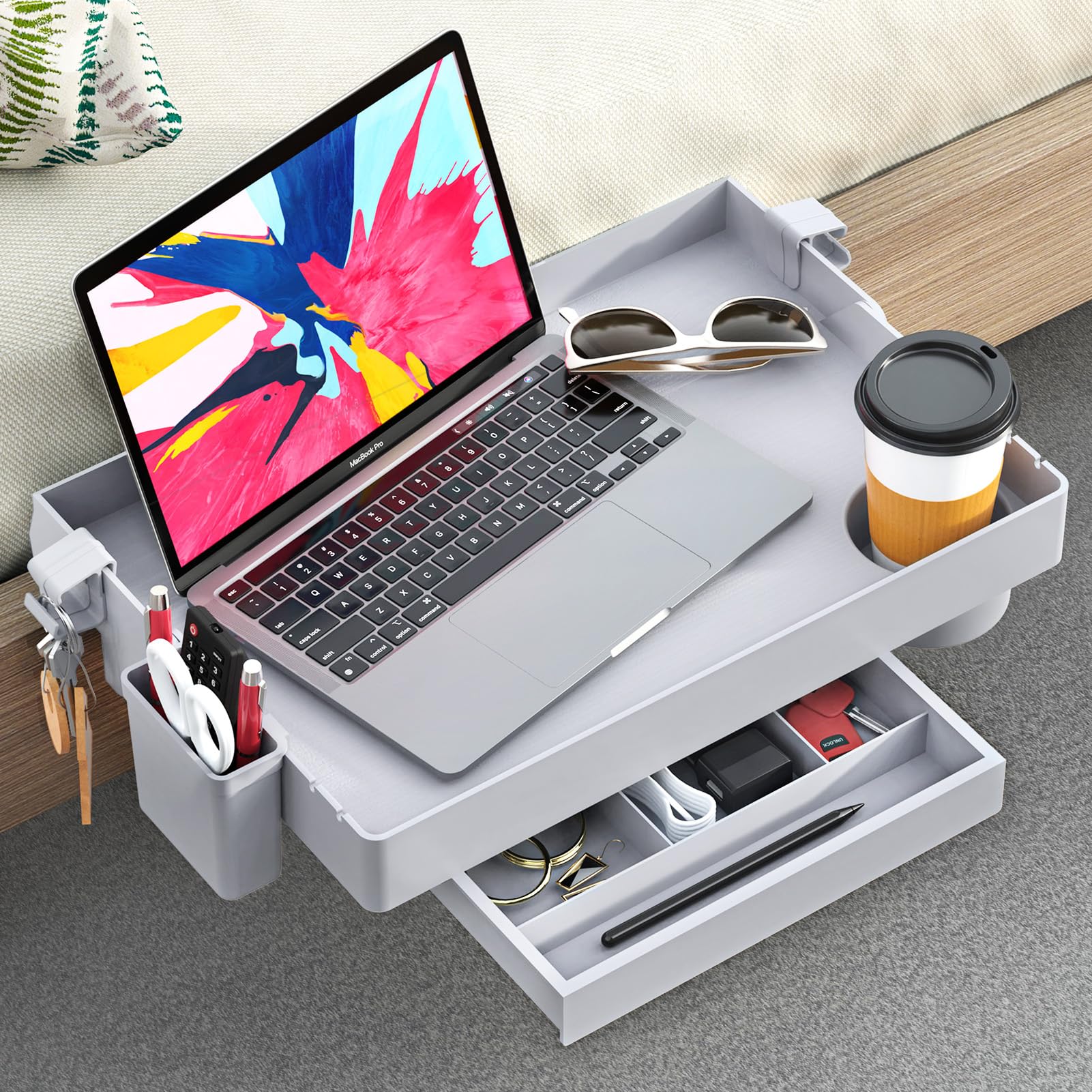 SOLEJAZZ Bedside Shelf for Bed, Foldable Bunk Bed Shelf for Top Bunk Clip On Nightstand with Drawer, College Dorm Essential Table Caddy Tray Organizer Bedroom Shelf, Plus Size with Drawer, Grey
