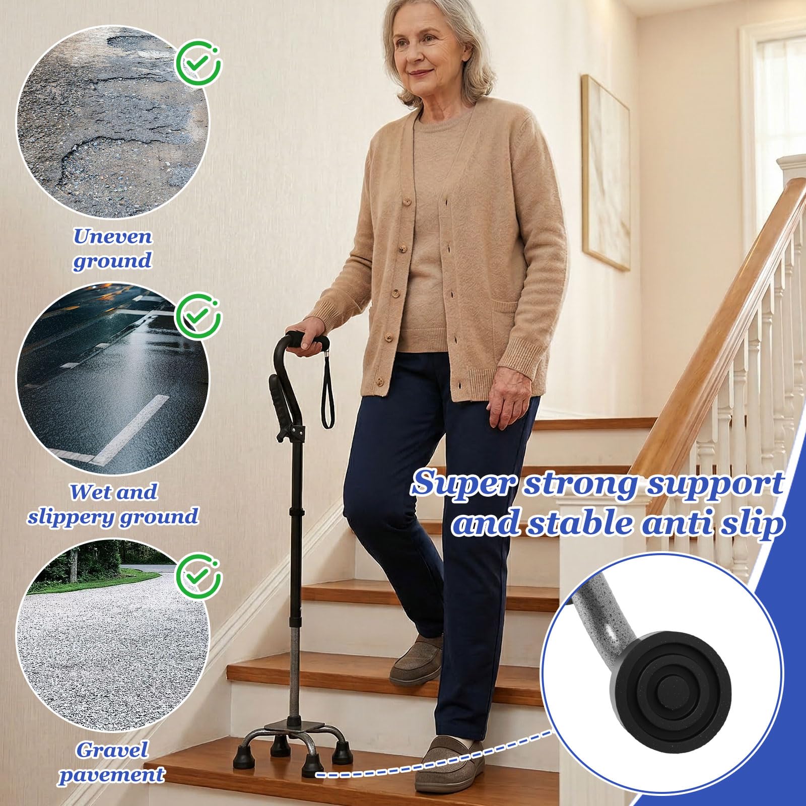 Bastón con 4 patas plegable ajustable negro aluminio | Andador de doble asa para personas mayores, soporta hasta 150 kg, base ergonómica y antideslizante, altura ajustable 76-94 cm