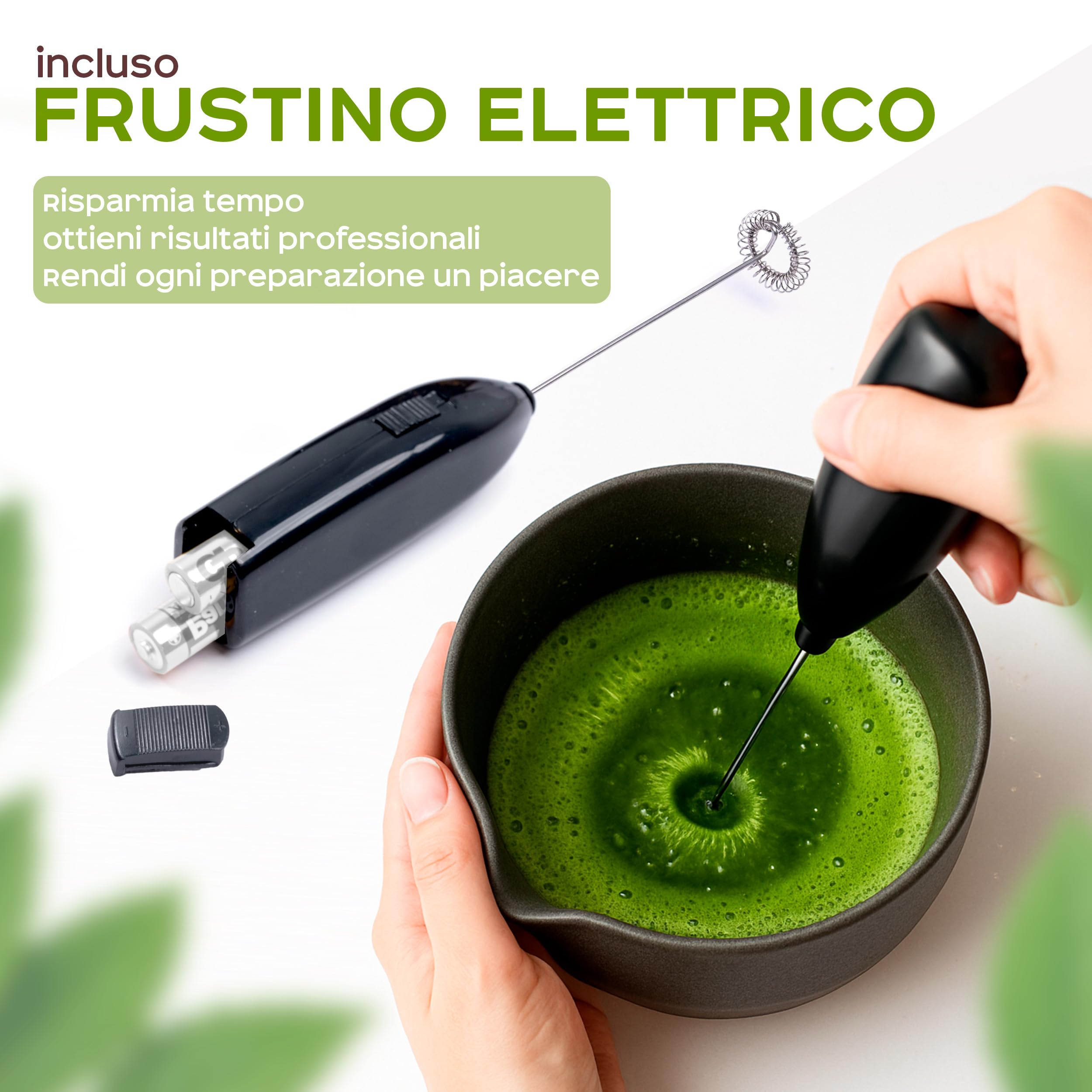 PUKPU Kit Matcha con Polvere – Set Matcha con Frusta Elettrica, Chasen Bambù, Cucchiaio Acciaio, Ciotola, Supporto Chasen & Cofanetto Regalo