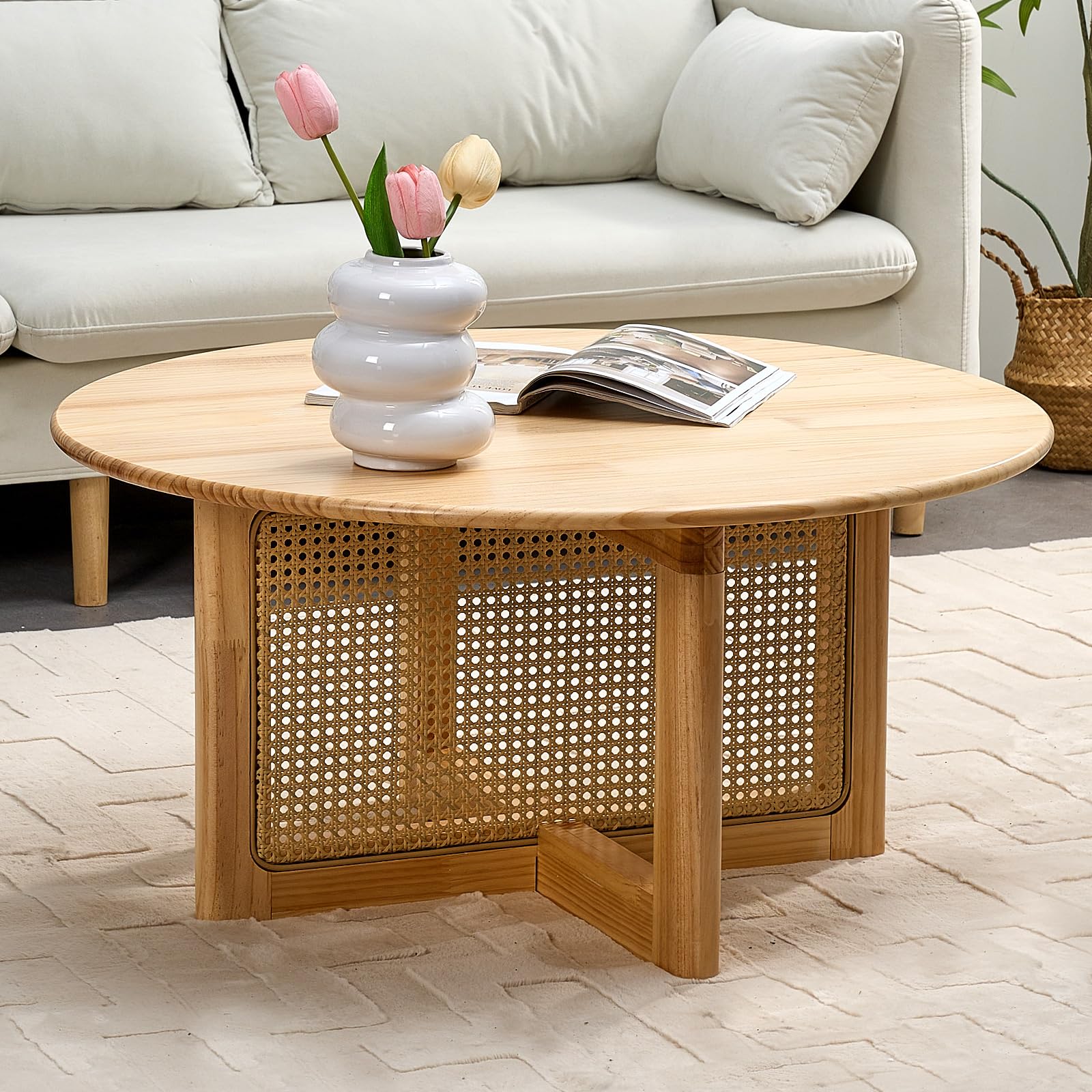 Rattan Coffee Table, 33 Inch Solid Wood Coffe Table with PE Rattan Stand, Unique Modern Round Coffee Table for Living Room, Natural-image-20