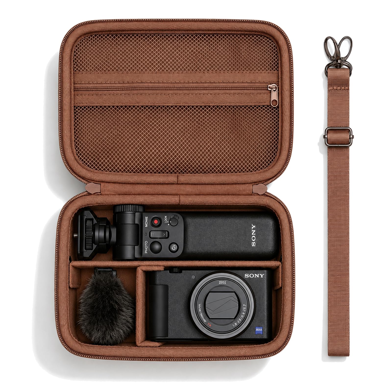 XANAD Hard Travel Case for Sony ZV-1F /ZV-1 /ZV-1 II/Sony RX100 VII VI V IV III Vlog Digital Camera &amp; Vlogger Accessory Kit Tripod(GP-VPT2 BT) and Microphone, with Strap and Mesh Pocket,Brown