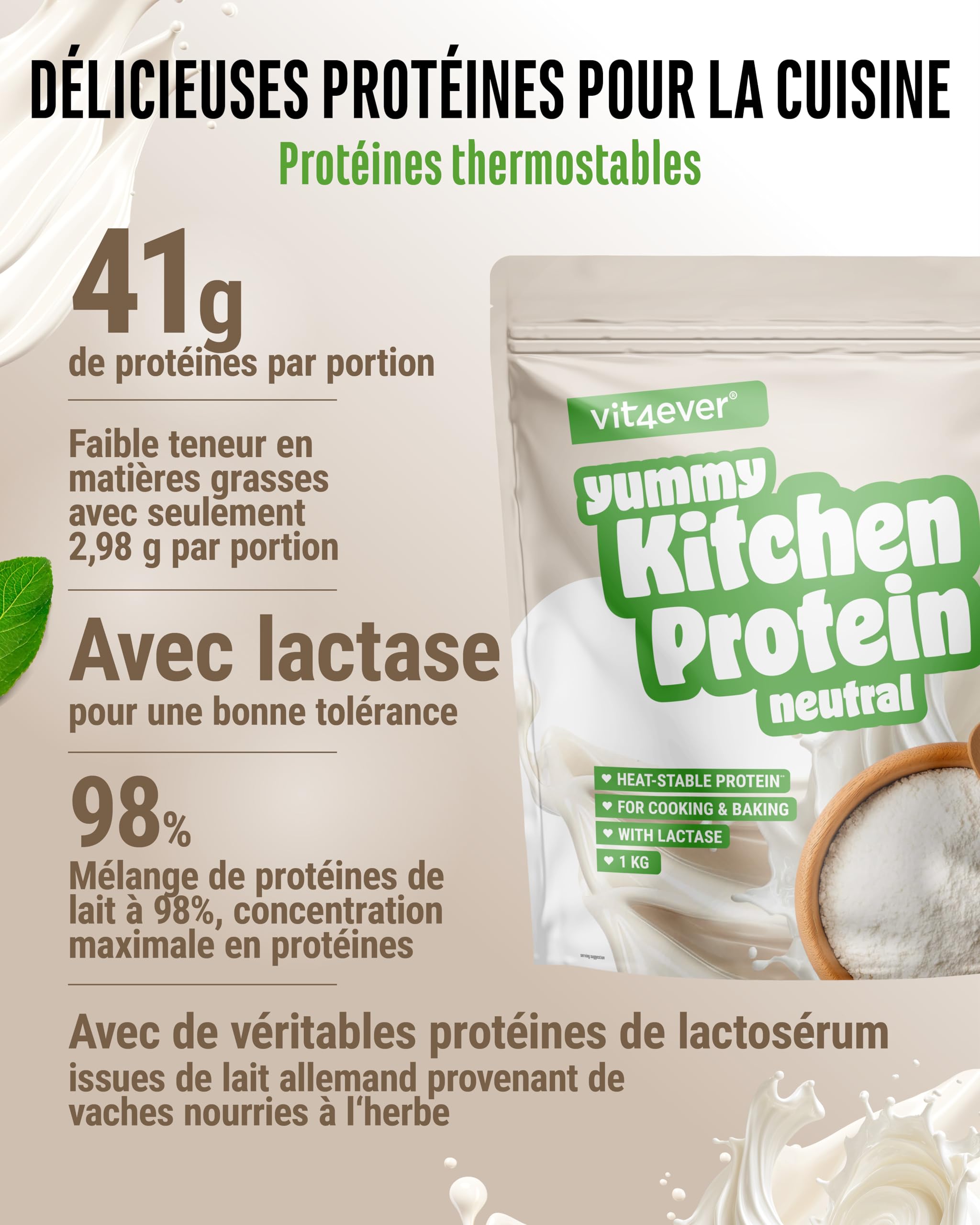 Yummy Kitchen - Protéines pour Cuisiner & Pâtisser - 1000 g de Poudre Protéinée - 82% de Protéines, Résistante à la Chaleur, avec Lactase, Low Carb, Low Sugar, Neutre, sans Gluten & sans Arômes Artif