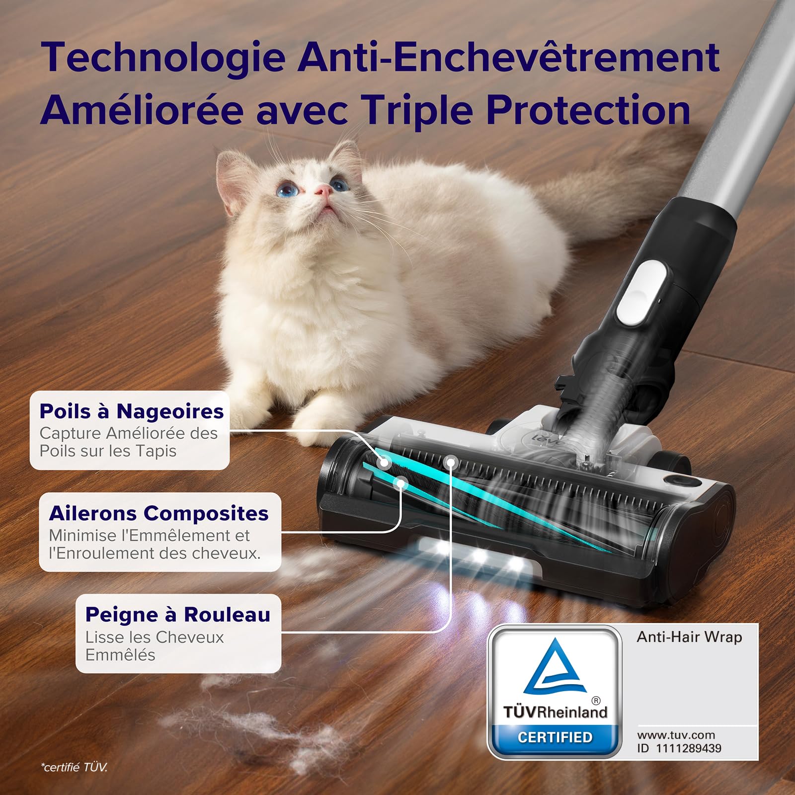 Levoit Aspirateur Balai sans Fil Anti-Enchevêtrement, 2.8kg Léger, 5 Couches Filtre à 99,9%, jusqu'à 50 Mins, Lumière LED, Accessoires 4 en 1 pour Poils d'animaux, Sols Durs, Voitures, Vacuum Cleaner