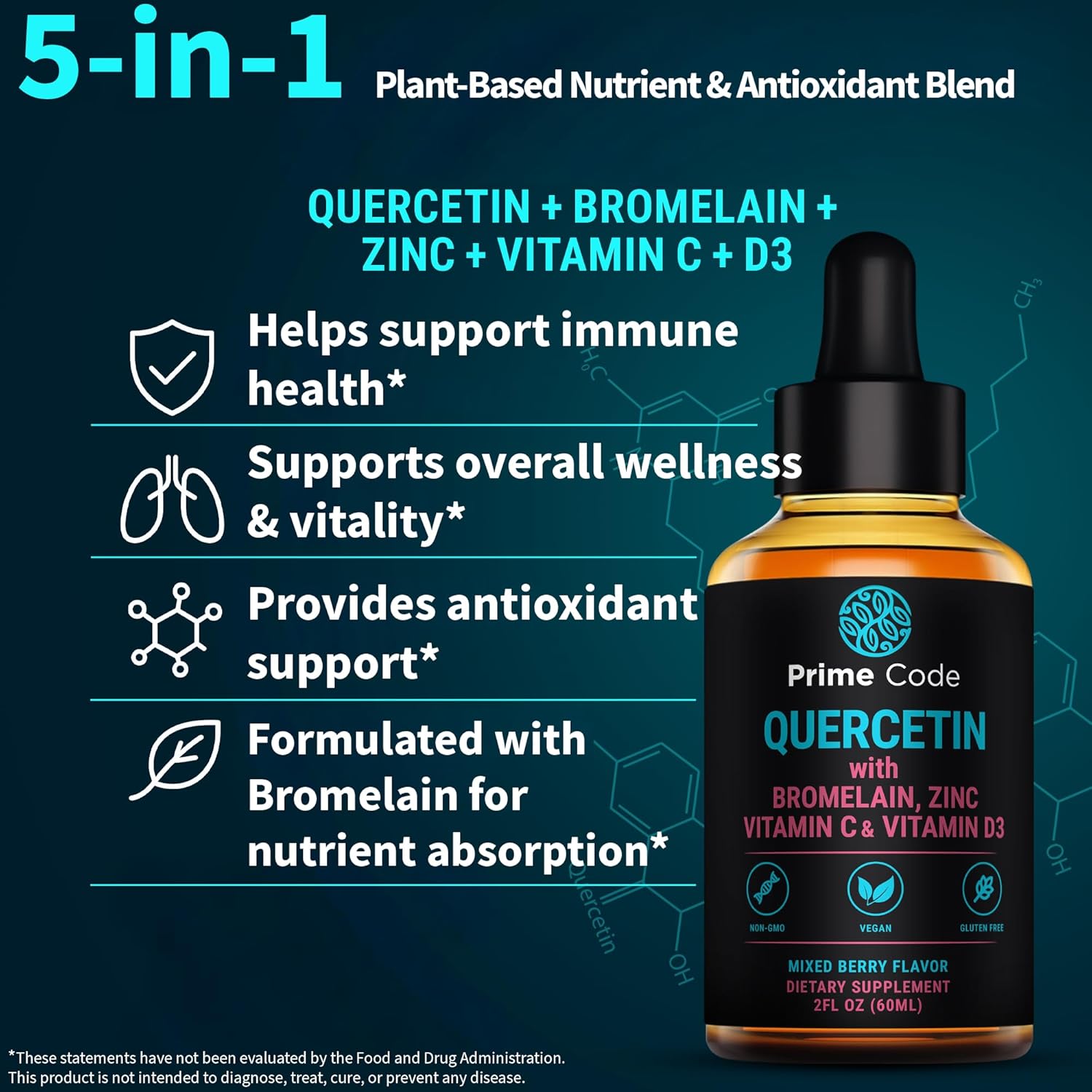 Prime Code Quercetin Liquid with Bromelain, Zinc, Vitamin C & D3 – Mixed Berry Flavor – Vegan, Non-GMO, Gluten Free Antioxidant & Immune Support Supplement – High Absorption 2 fl oz (60mL) - Image 6