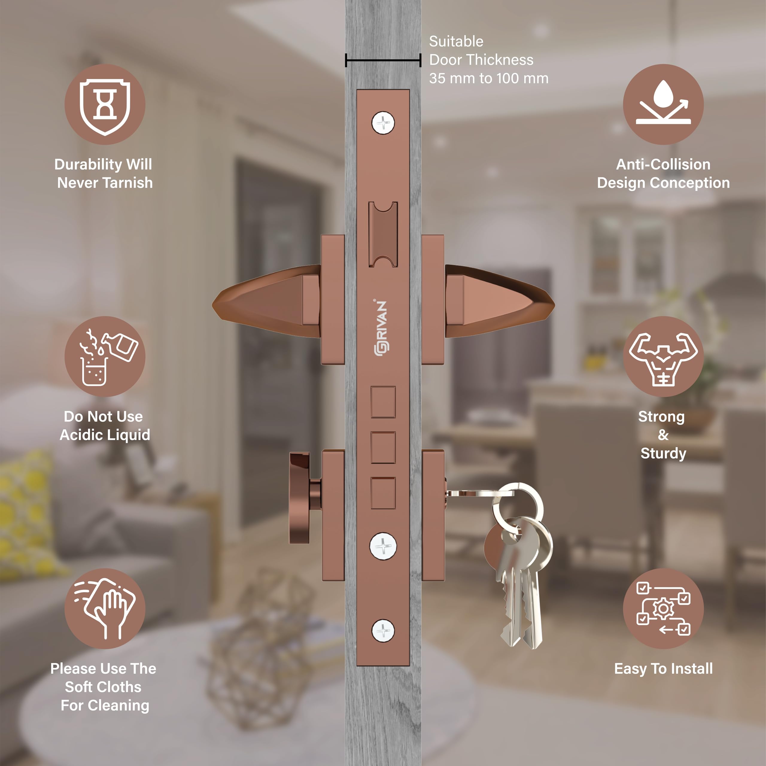 GRIVAN Rose Gold Mortise Lock Set - Secure Your Home -3