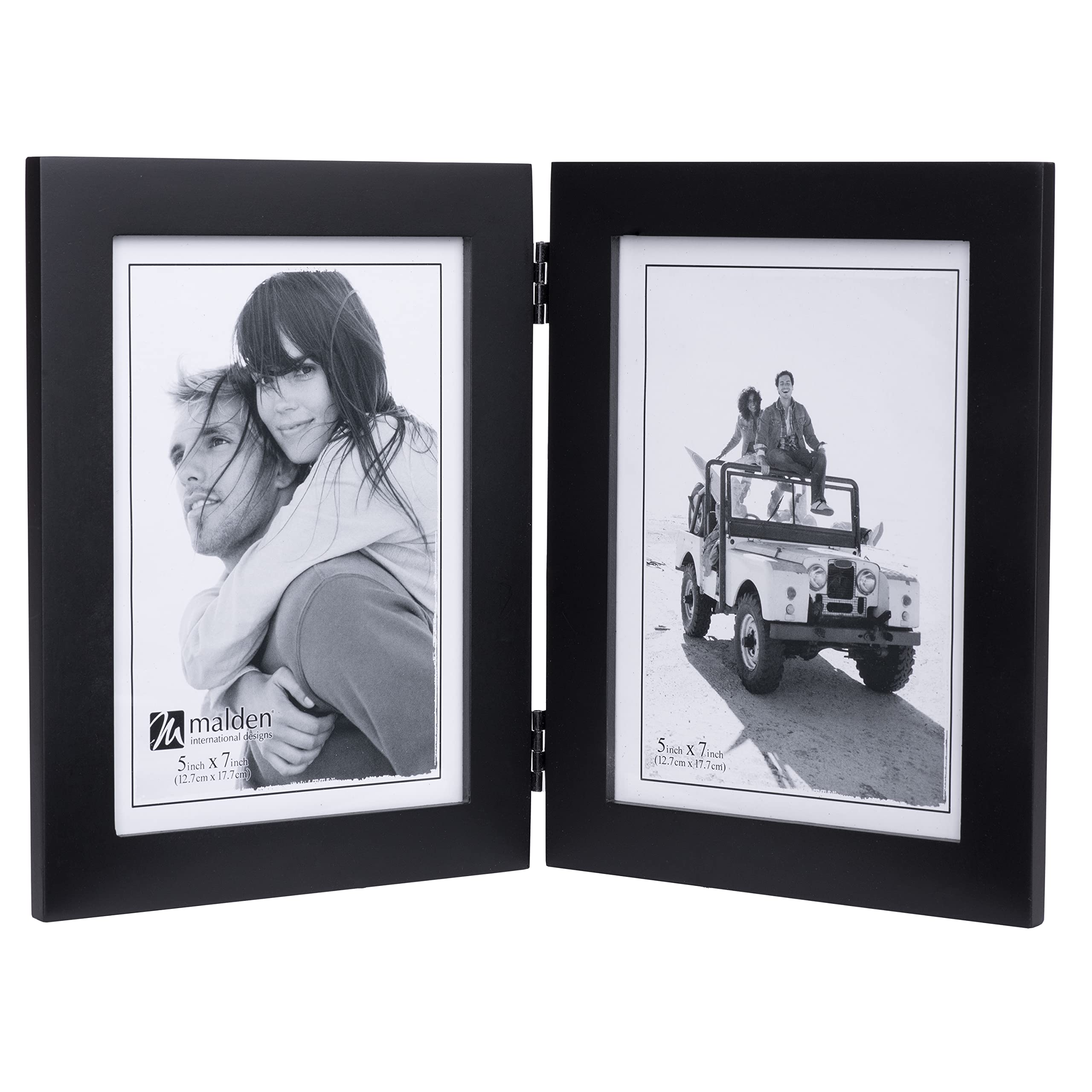 Double Vertical 5x7 Picture Frame - Wide Real Wood Molding, Real Glass - Black