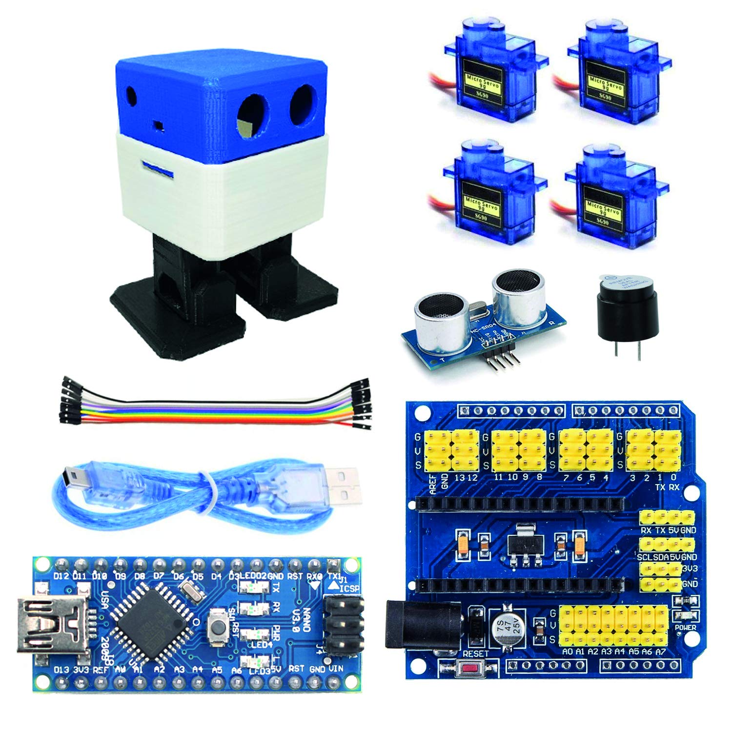 Barney Robot Blue, ArduinoNano Project Kit, ArduinoBarney Robot Kit, With Programmable Sample Project Codes, ArduinoNano Control Board, 4X SG90 Servo, Ultrasonic Sensor, Nano Protoshield