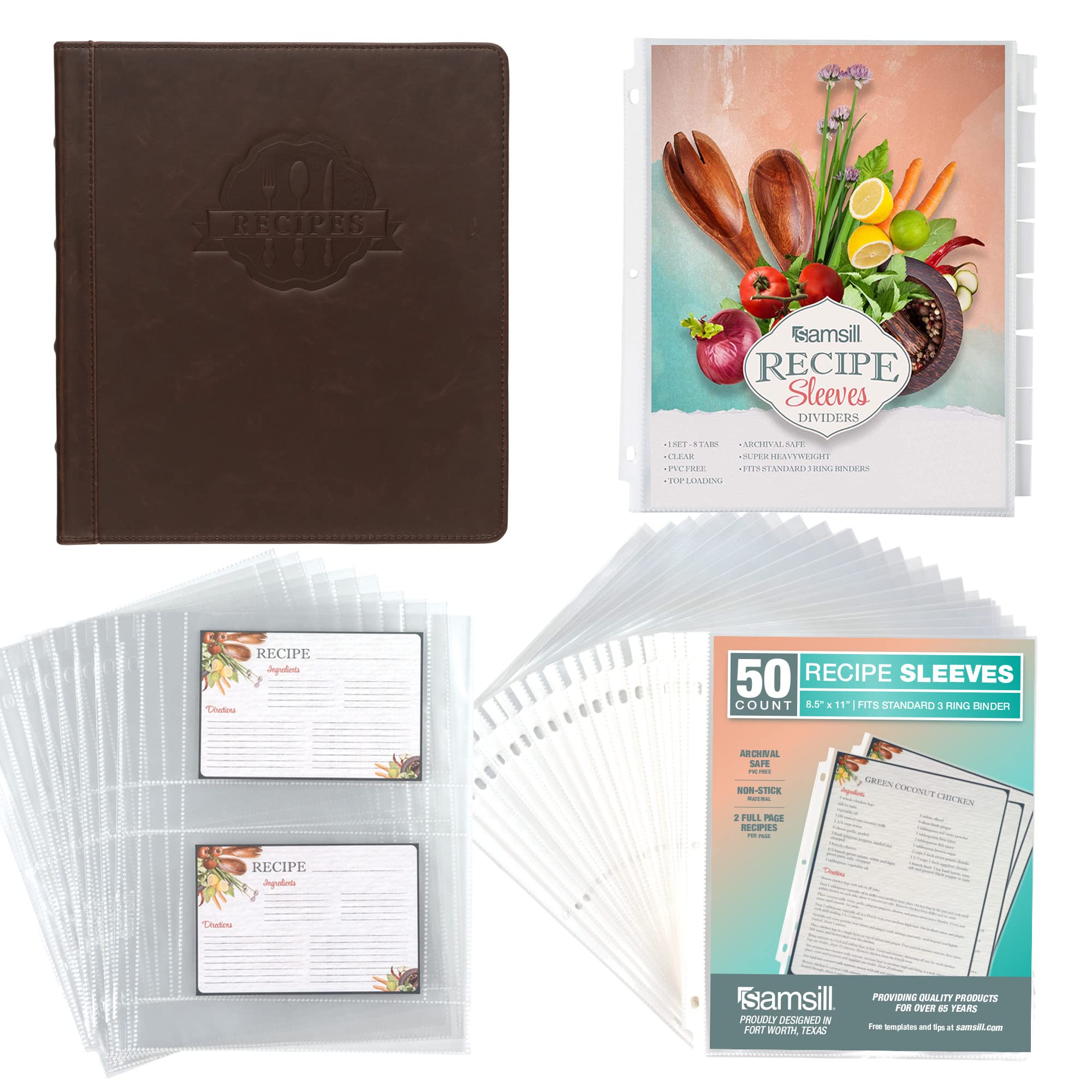 Samsill Set di raccoglitori per ricette da 2,5 cm, raccoglitore da 21,6 x 27,9 cm con 50 protezioni per ricette a pagina intera, 25 buste per biglietti di ricette da 10,2 x 15,2 cm e 8 divisori