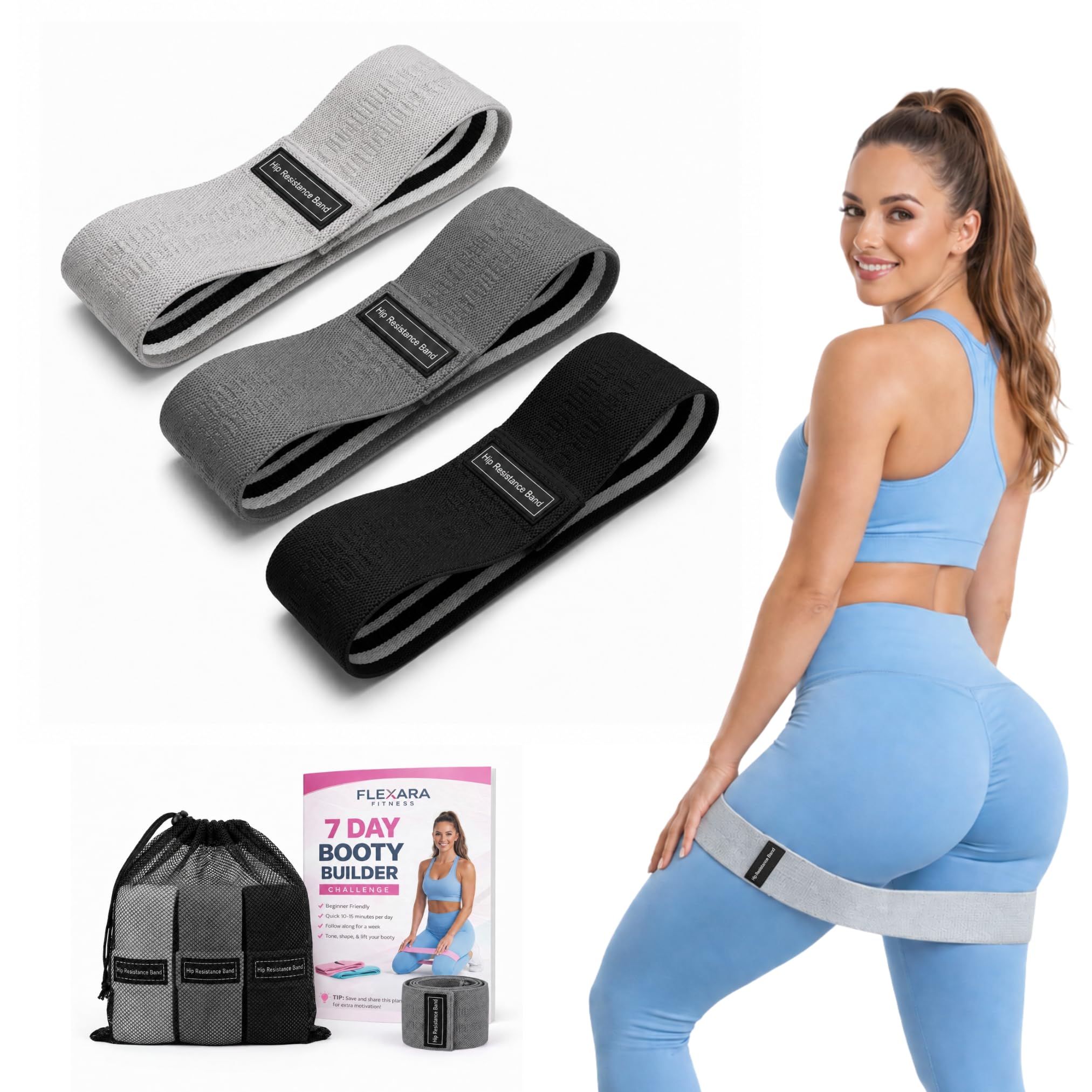 Fabric Resistance Bands Set, 3x Exercise Band Non-Slip Design for Glutes, Hips, 3 Level Workout Bands for Women, Men, Glute Bands for Home Fitness, Physio, Pilates, Includes Carry bag & Guide (Grey)