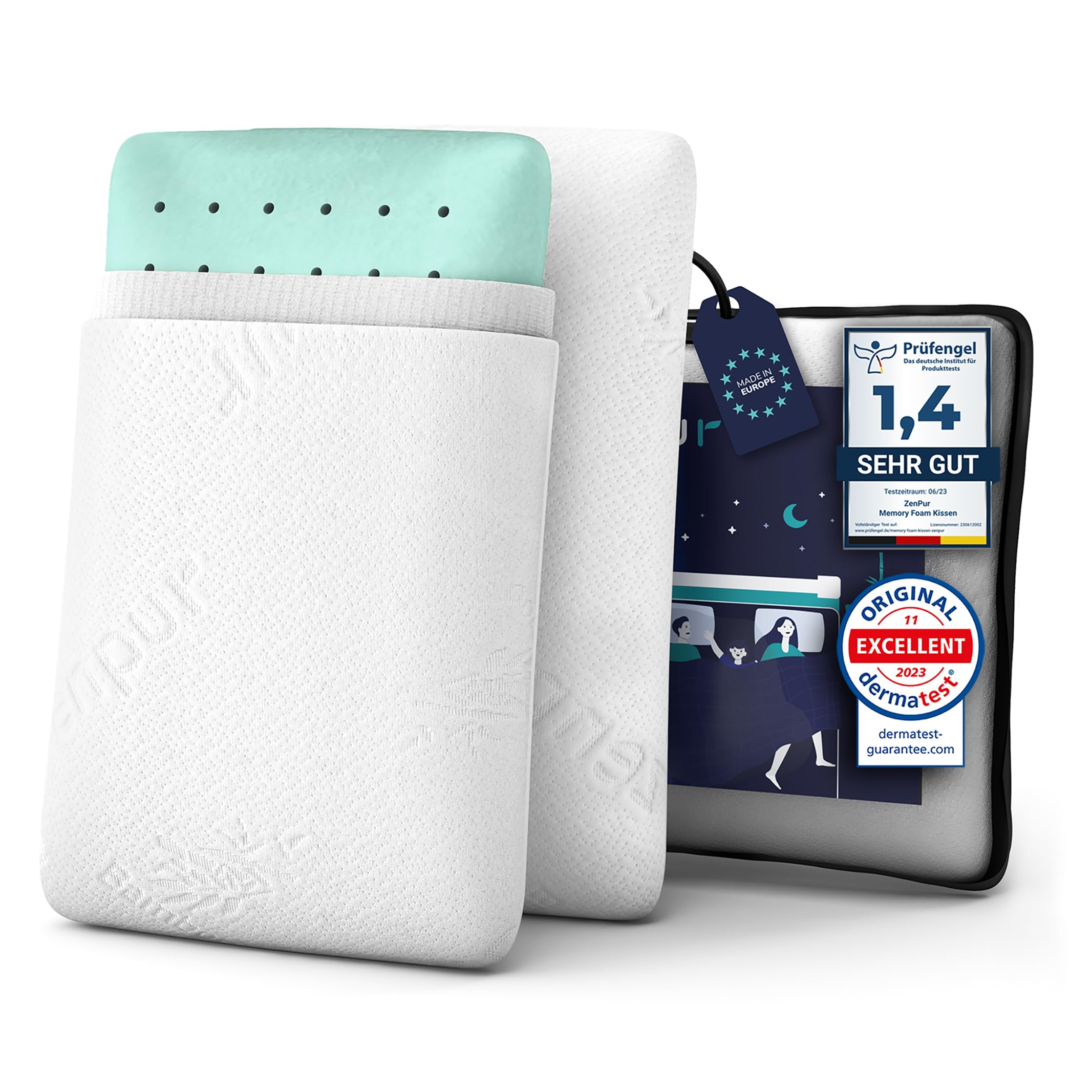 ZenPur ZenPur Almohada Viscoelastica, Almohada Ortopédica con Funda de Bambú Fabricada en la EU, 2-Pack, Almohada Cervical Ideal para Dormir de Lado y para una Alineación Óptima de Cuello, Hombros y Columna