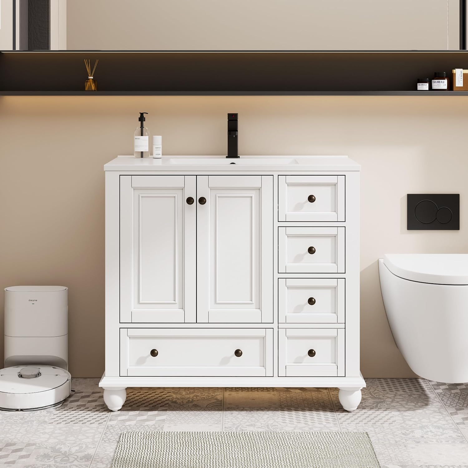 eclife 30" Bathroom Vanity Sink Combo Vintage Style with Painted Solid Wood Construction, Retro Vanities Storage Cabinet w/Gourd Leg Base, Undermount White Sink Faucet Drain, Gray