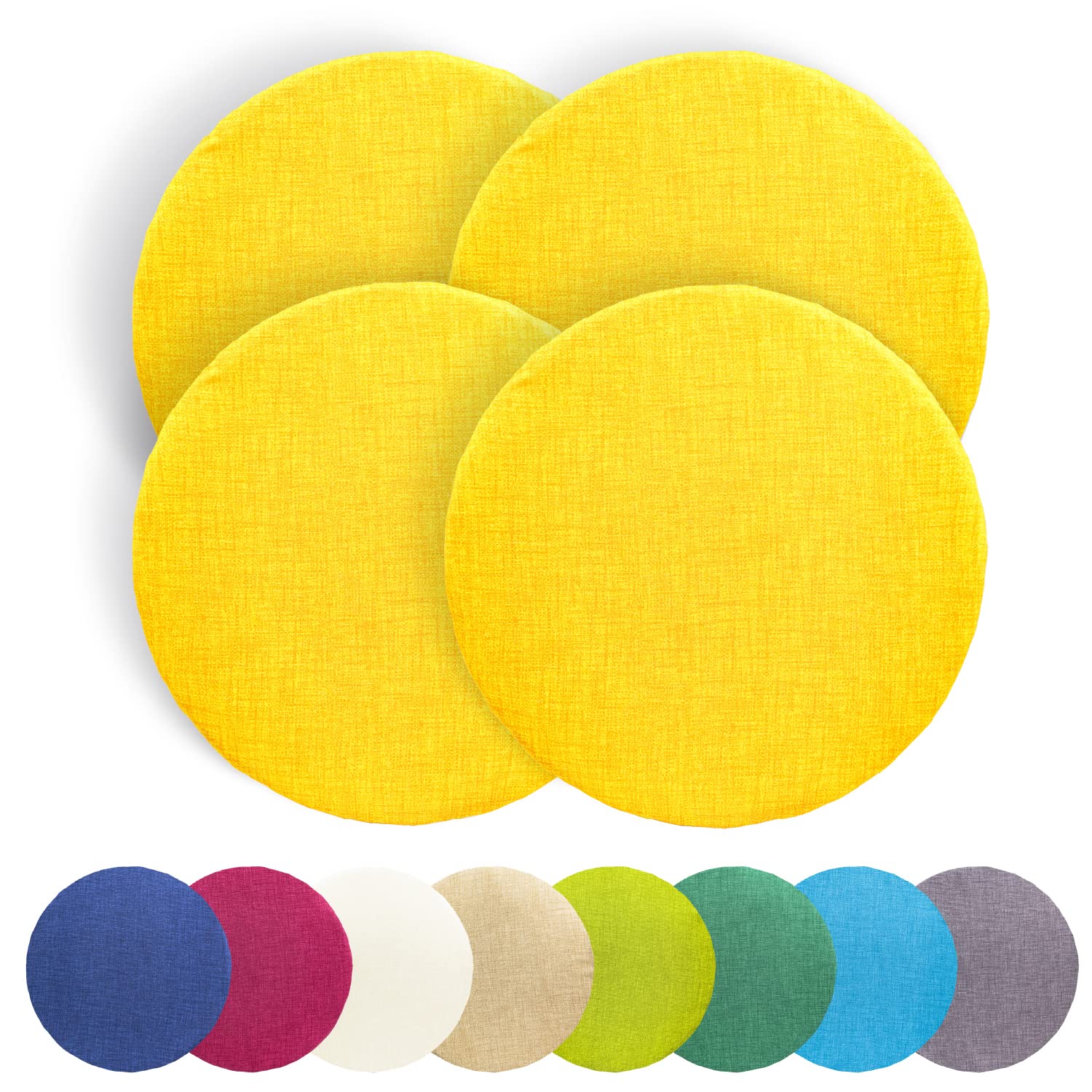 TIENDA EURASIA - Pack de 4 Cojines Redondos con Cordones y Cremallera, Cojines Exterior e Interior, Funda Extraible con Cremallera, Funda Lavable, Cojines Lisos, Tamaño ø40 x 3 cm (Amarillo)