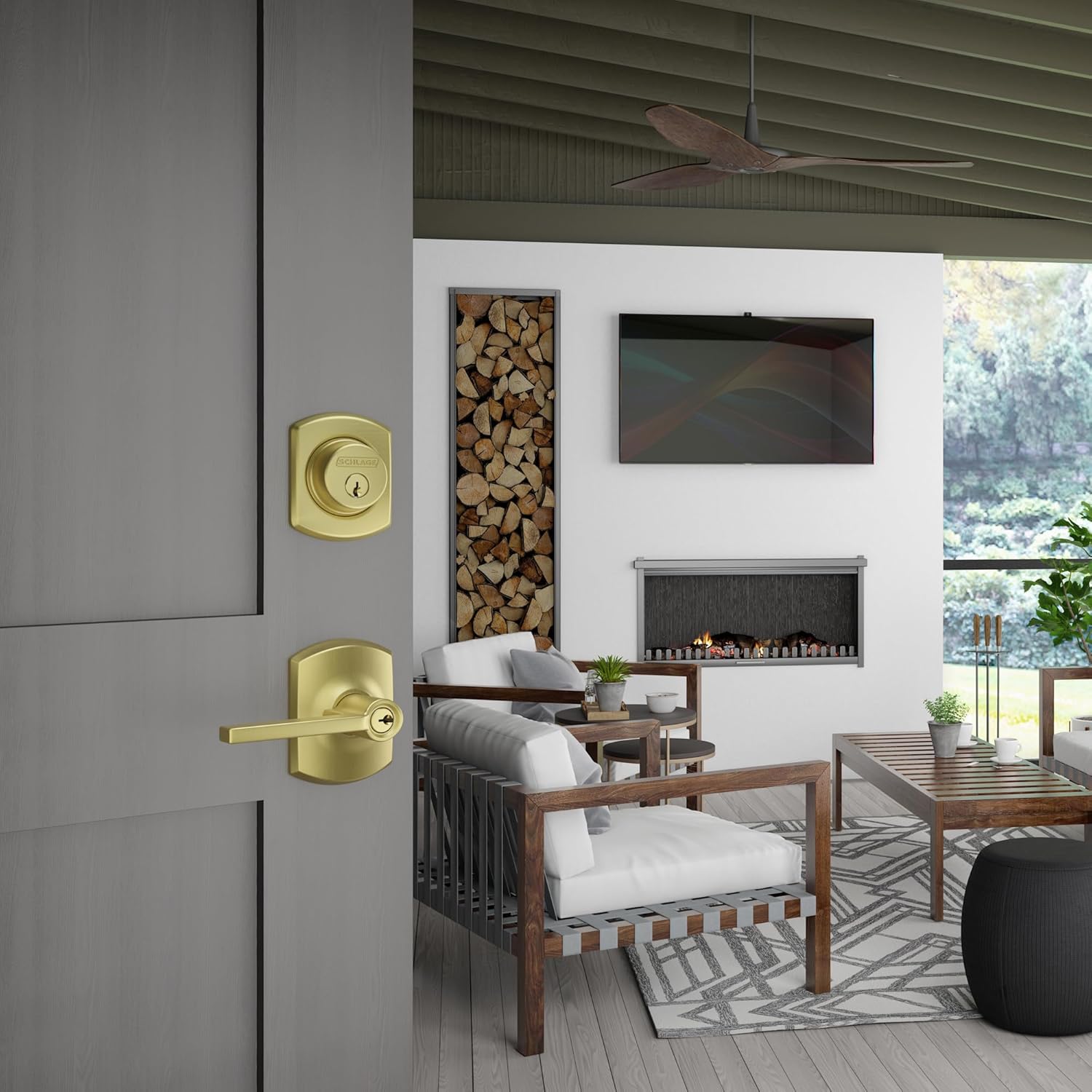 SCHLAGE F51-LAT-GRW Latitude Single Cylinder Keyed Entry Door Lever Set with Dec, Matte Black