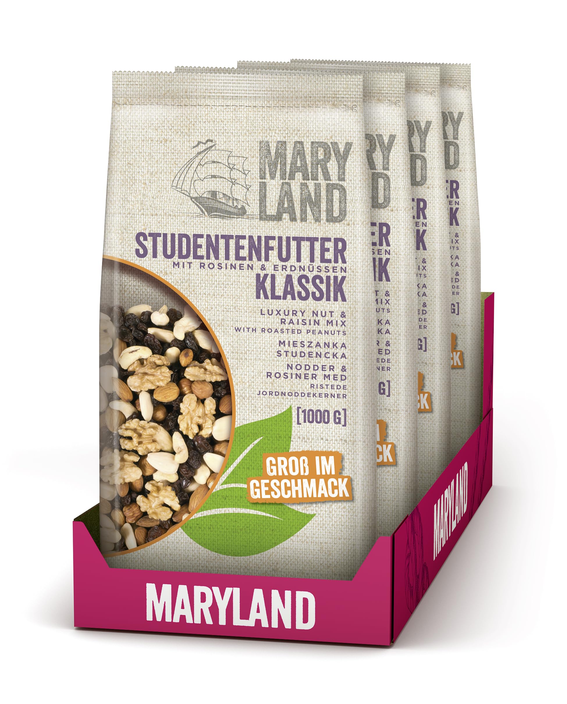 Maryland Studentenfutter Klassik 4 x1kg Vorratspackung – Rosinen, Erdnusskerne, Cashewkerne und Mandeln in Nuss Frucht Mischung – 100% vegan – Im Großbeutel (4 x 1kg)