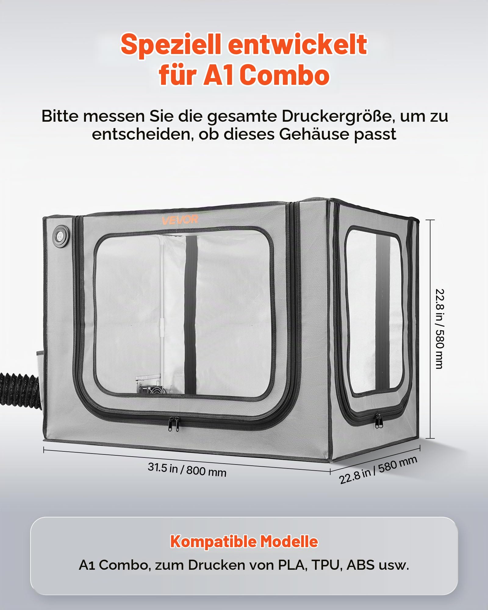 VEVOR 3D-Druckergehäuse Druckerzelt (80x58x58 cm), staubdichte & wasserfeste Schutzhülle mit konstanter Temperatur & LED-Beleuchtung & Belüftung, kompatibel mit Bambu Lab A1 Combo Grau