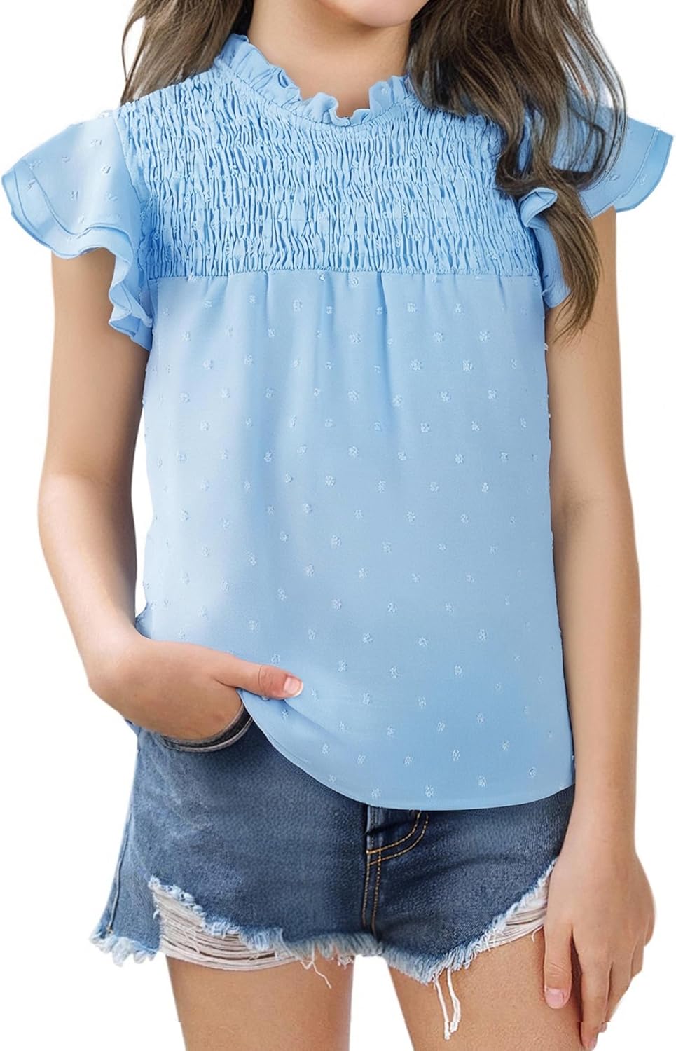 Girls Ruffle Short Sleeve Blouse Pleated Crewneck Shirt Summer Cute Swiss Dot Tops 5-14 Years Blue 11-12 Years