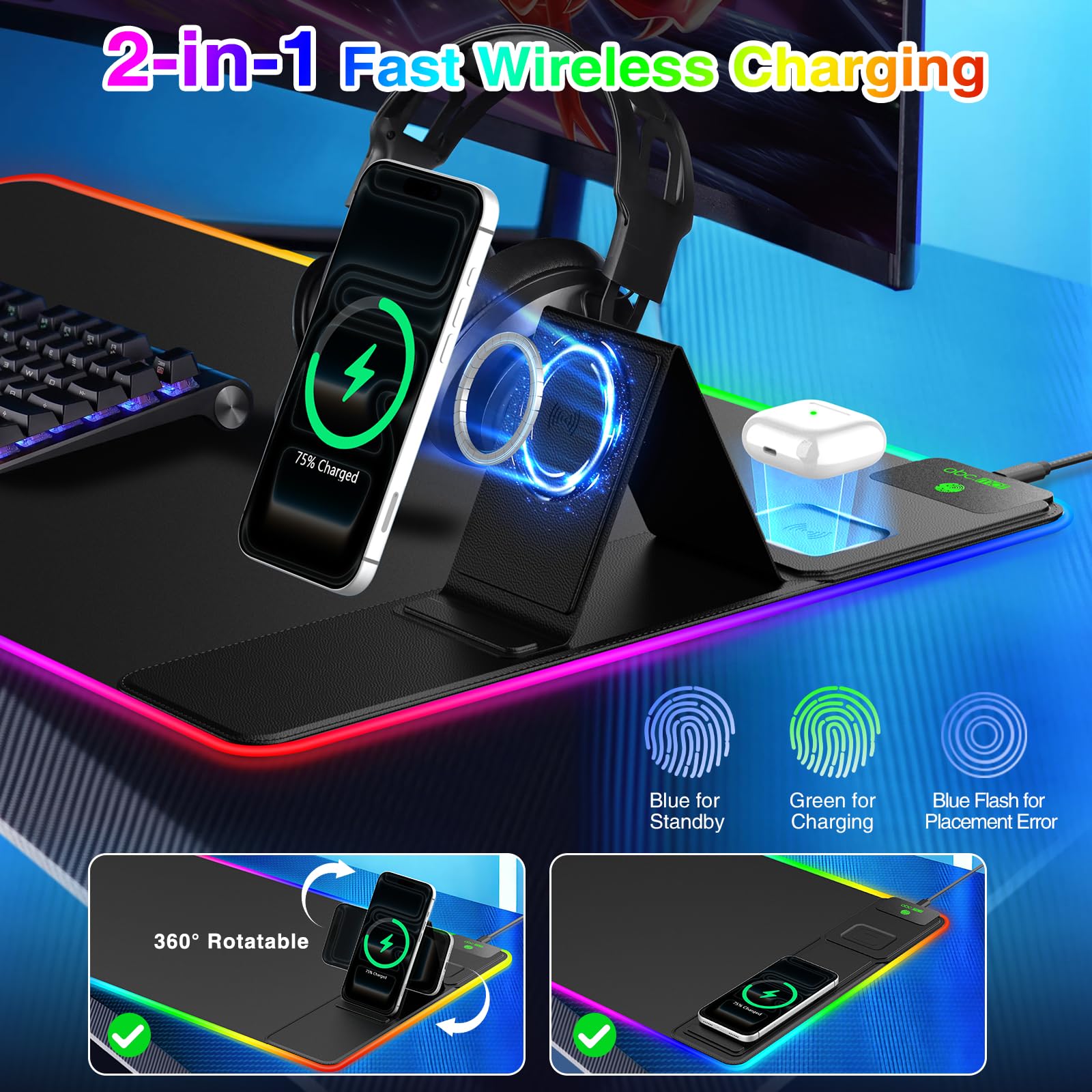 Tappetino per mouse da gioco XXL RGB LED con ricarica wireless magnetica e supporto pieghevole per telefono, 80 x 40 cm, tappetino da scrivania ultra liscio, 25 effetti di luce, base antiscivolo
