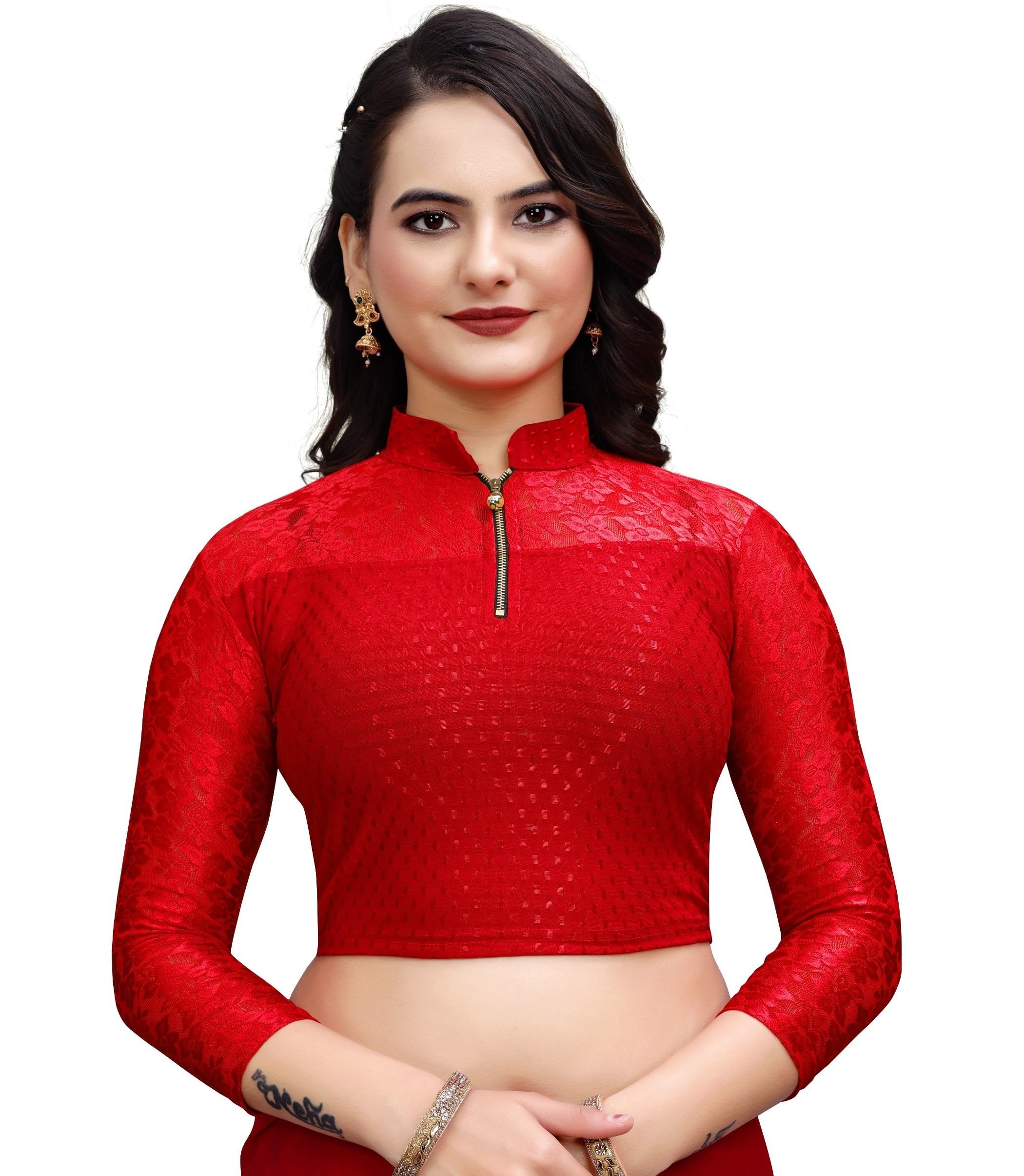 TFH Band Collar Cotton Lycra Blouse | Stretchable Net Blouse for Women | Readymade Full Sleeve Blause | Regular Fit Choli for Ladies | Available Sizes 28-40-image-22