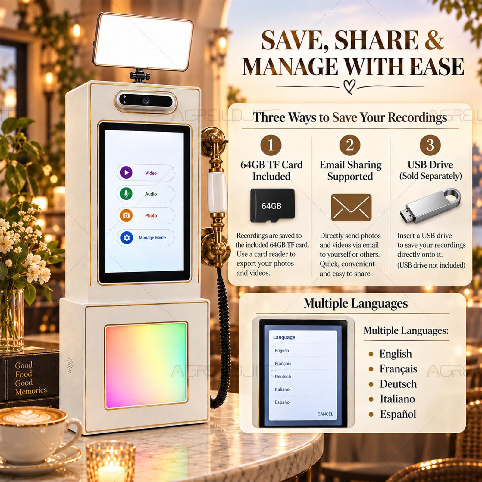 Téléphone Livre d'or Mariage, téléphone Vintage Livre d'or Audio et vidéo avec lumière LED & Interface multilingue, Pose sur Table ou Murale, Messages vidéo pour Location d'événements