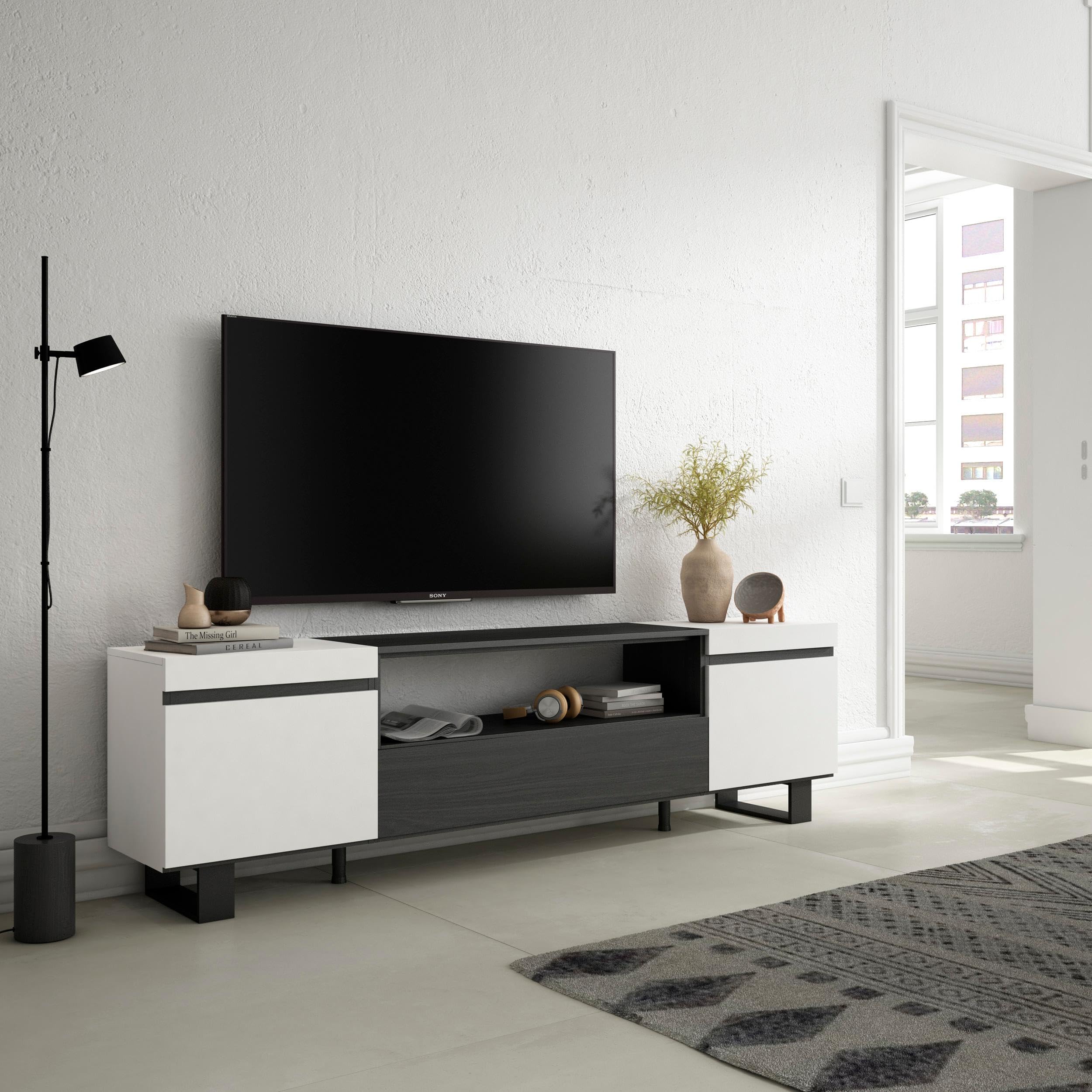 Skraut Home | Mueble TV | Televisión | Muebles de salón, almacenaje | 200x57x35cm | para TV hasta 80" | Diseño Industrial | Estilo Moderno | Blanco y Negro