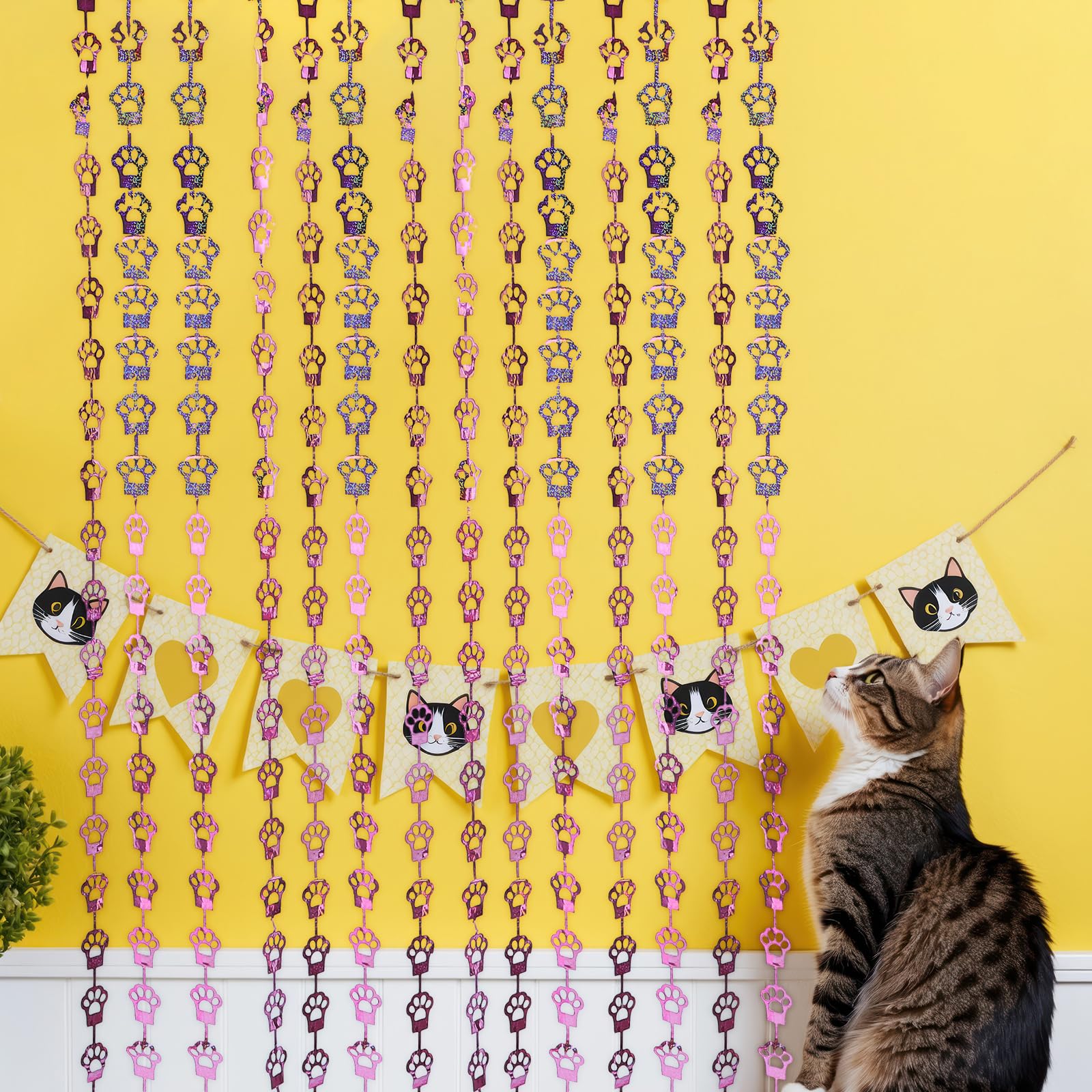 LOGOFUN Cat Paw Foil Fringe Curtain Tinsel Backdrop Pet Themed Decorations for Birthday Holiday Party Photo Booth Props - Pink 2m