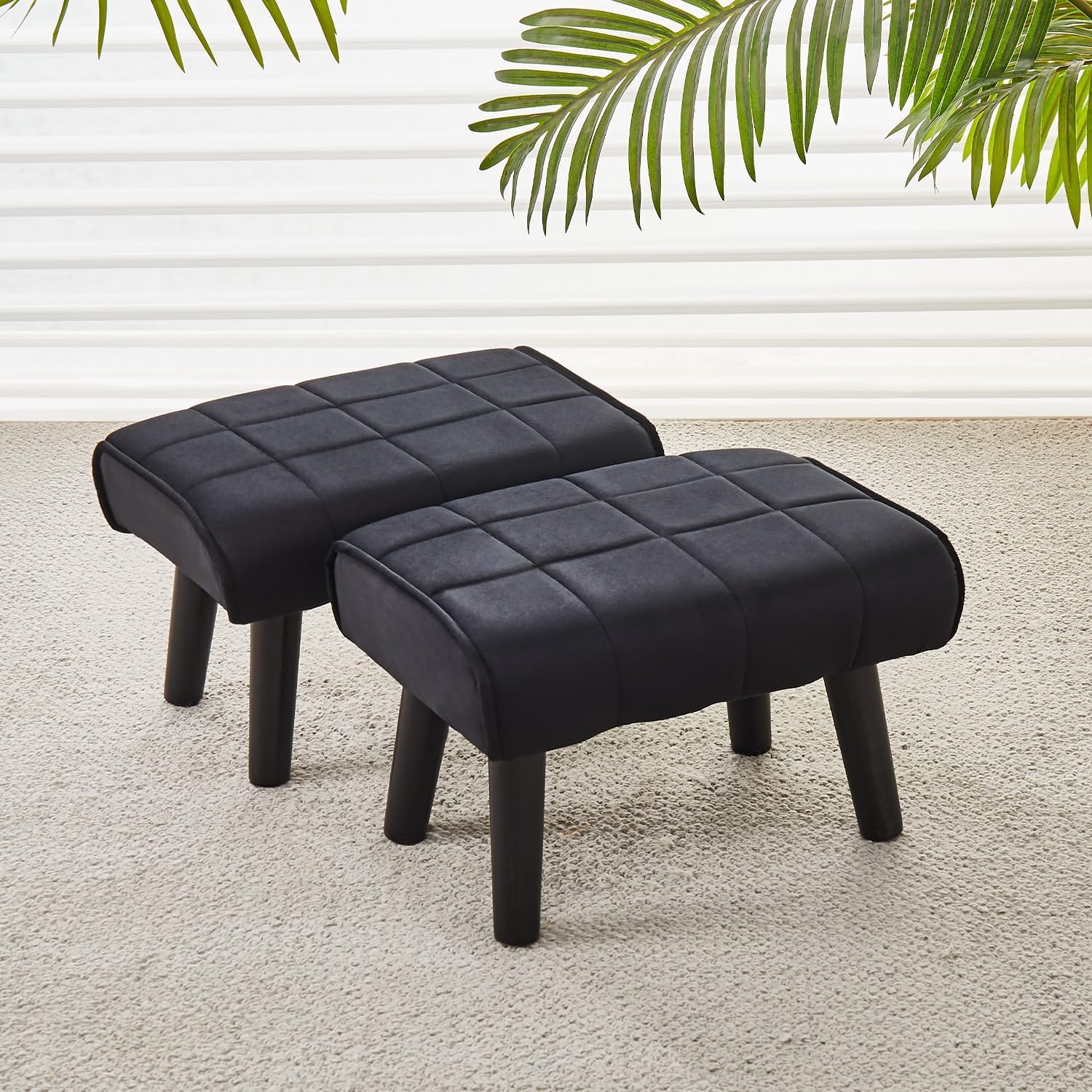 WellHouze Wooden Seating Stool for Kids and Adults Ottoman Footrest Small Step Foot Stool Ottoman for Bedroom Living Room and Kitchen Plush Velvet Puffy Stool Black Pack of 2-image-32