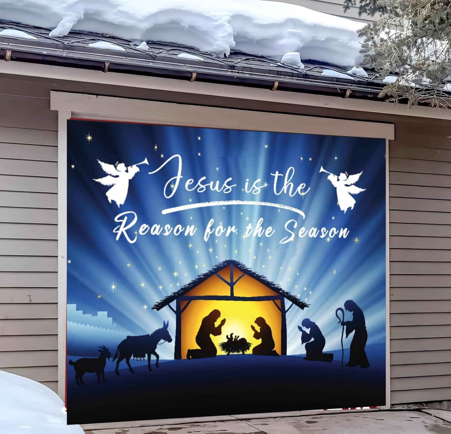 Nativity Garage Door Banner 7 x 8 ft, Large Christmas Garage Door Decorations Jesus is The Reason for The Season Backdrop Background for Photo Holy Nativity Christmas Party Outdoor Banner