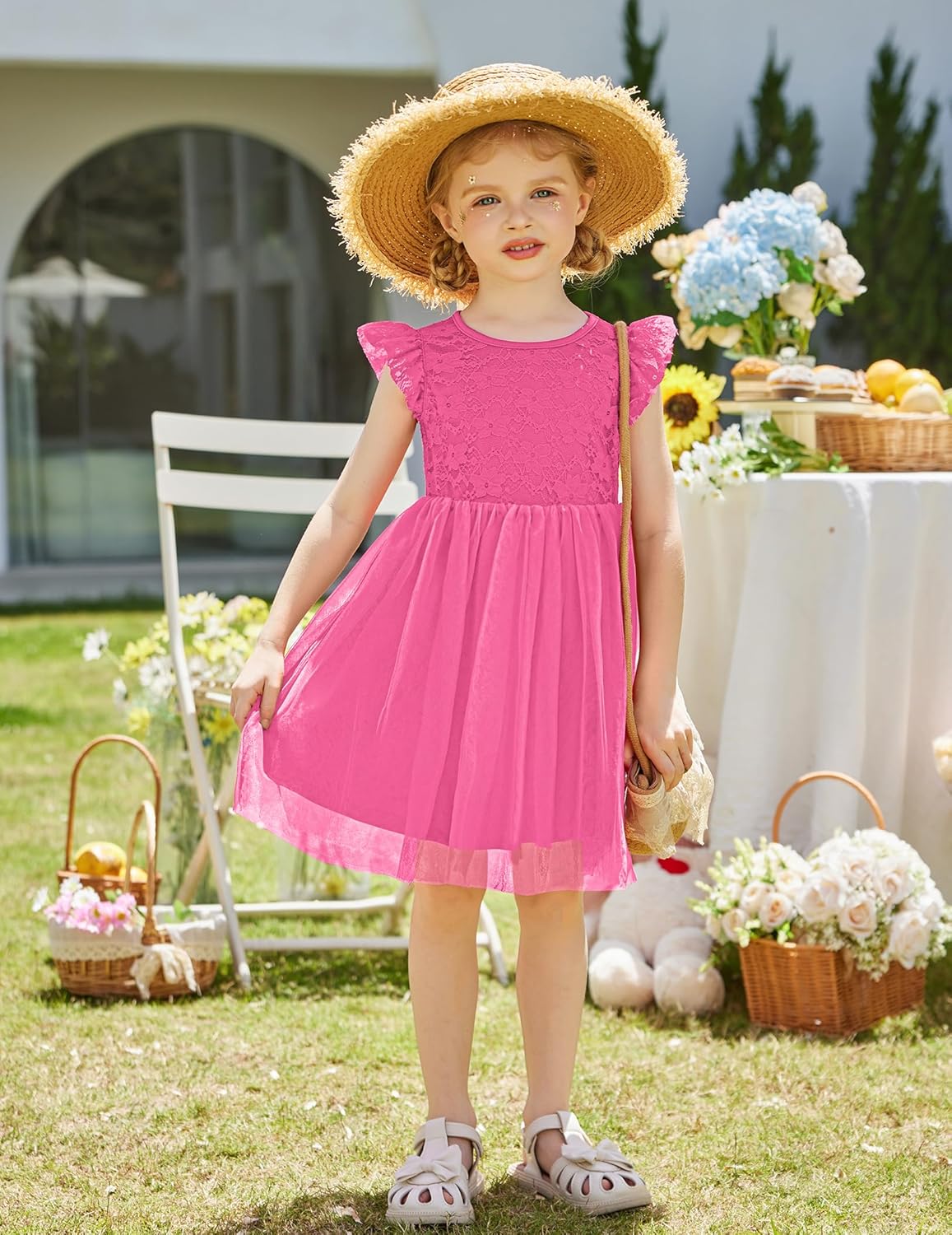 Arshiner Toddler Lace Tutu Dresses Ruffle Sleeve 3 Layers Tulle Flower Wedding Birthday Summer Little Girls Dress 7-8 Years Hot Pink image 5 of 6 B0F335NL6B