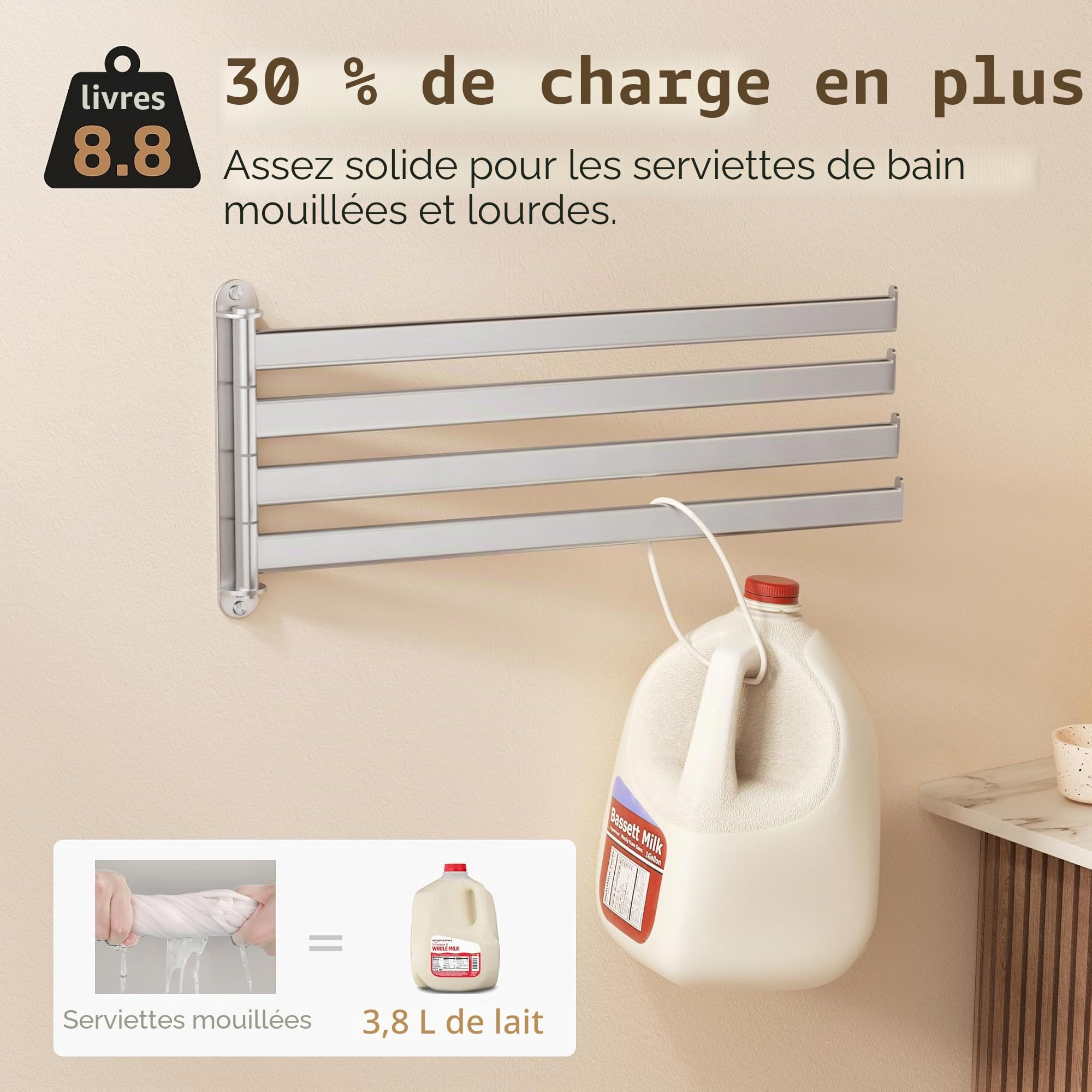 KES Porte-Serviettes de Salle de Bain avec 4 Barres Porte-Serviettes Acier Inoxydable SUS304 pivotant à 180 ° 50 cm Brossée, A2104S4L50-2