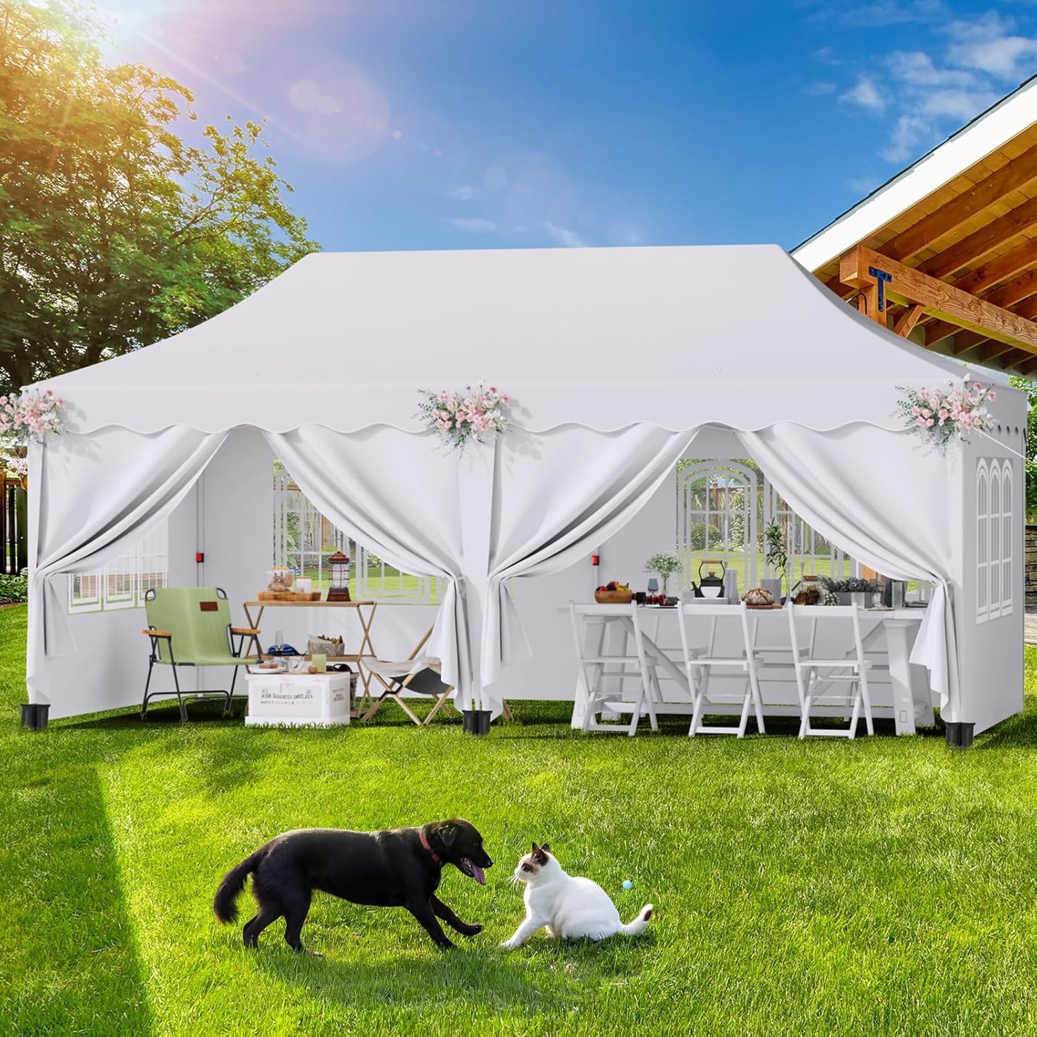 Vouwpaviljoen, 3 x 6 cm, met 6 zijwanden, paviljoen, waterdicht, stabiel, opvouwbare tuintent, 3 x 6, uv-bescherming 50 , partytent, met 12 grondhaken, 6 touwen en 6 zandzakken, tuinpaviljoen voor