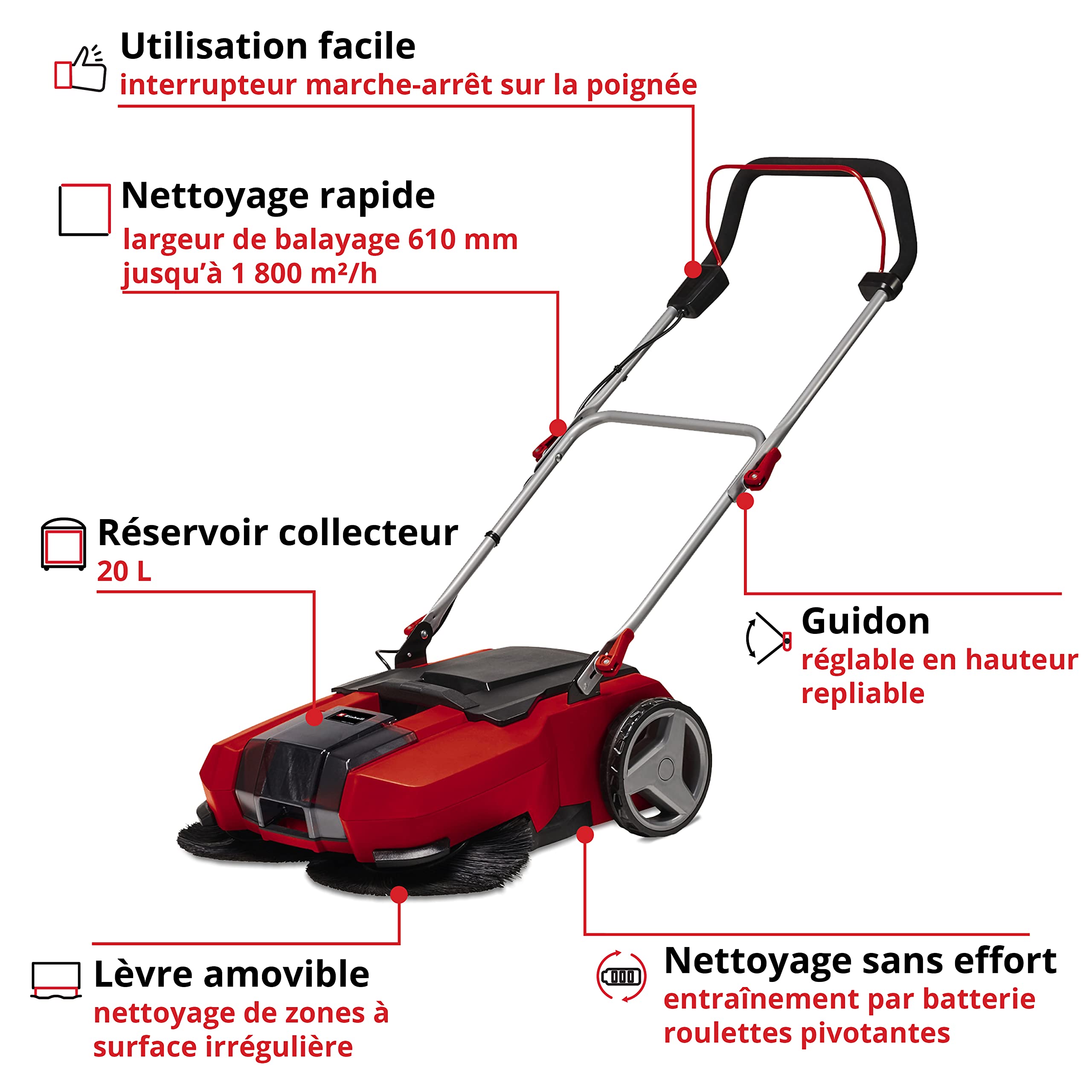Einhell Balayeuse sans fil TE-SW 18/610 Li-Solo Power X-Change (18V, collecteur de débris de 20 litres, position de stationnement, guidon réglable) Livré sans Batterie ni Chargeur