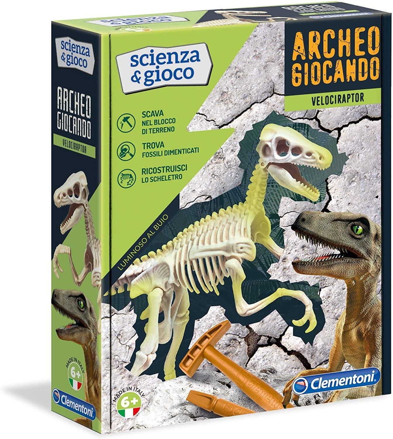 Clementoni Archeogiocando Velociraptor: Kit Scavo Fossili Con Scheletro Fosforescente E Realtà Aumentata, 7+ Anni
