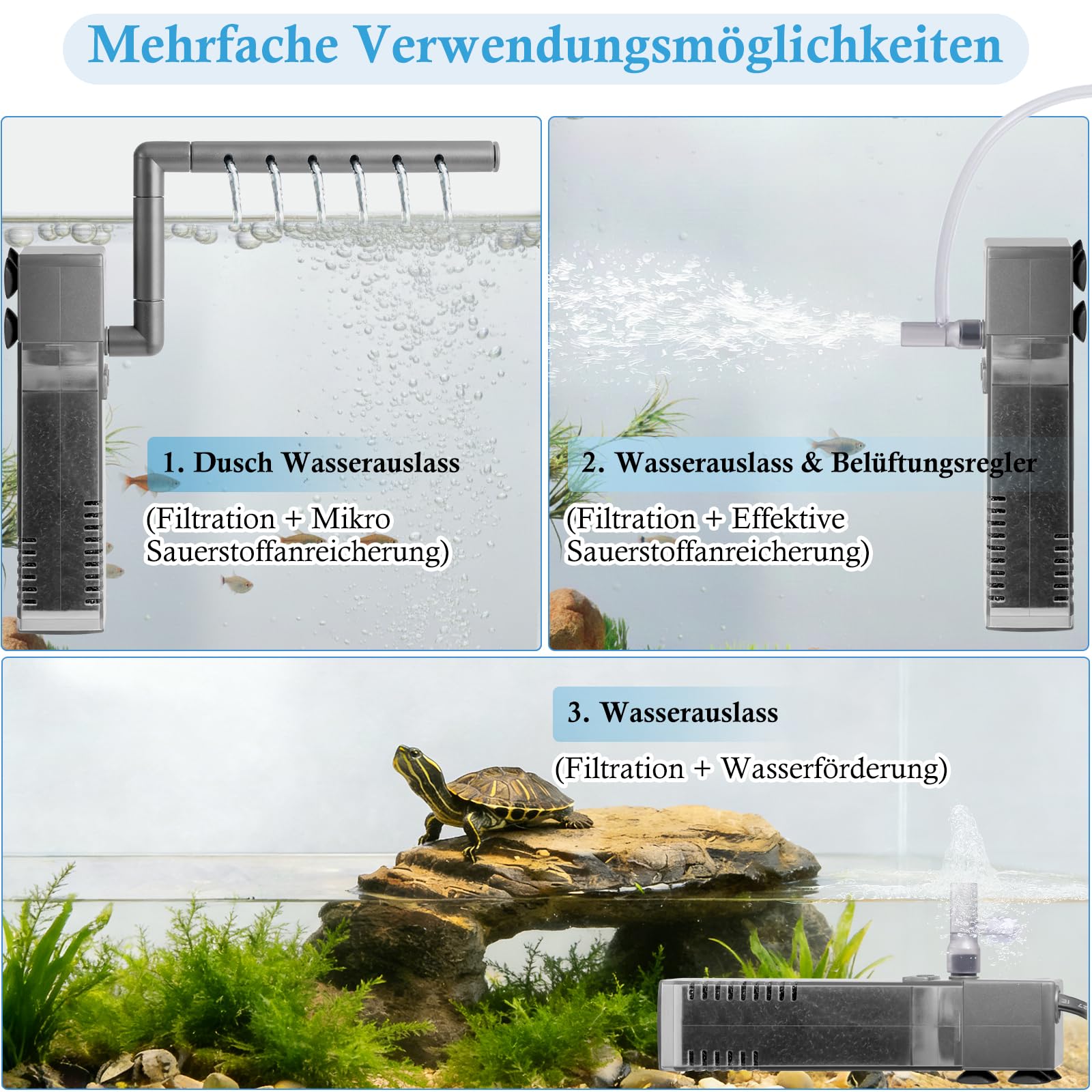 3W Leiser Aquarium Innenfilter, 4-IN-1 200L/H Mini Aquarium Filter mit Sauerstoffzufuhr–für 2-20L Kleine Fische Garnelen Fischbrut und Schildkröten Aquarien, mit wechselbarem Filterschwamm