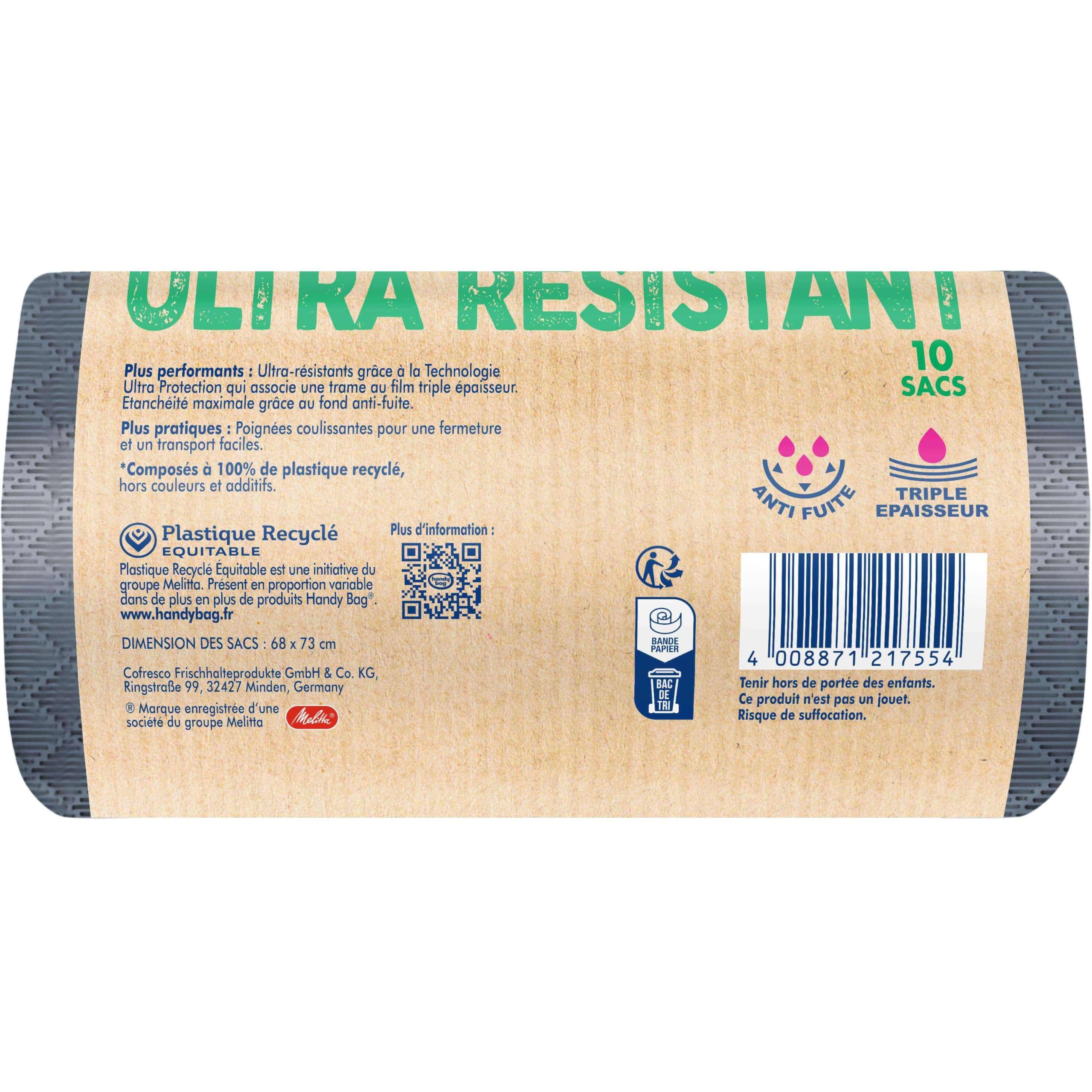 Handy Bag Sacs poubelle à poignées coulissantes Ultra Résistant & Fond anti-fuite, 100% plastique recyclé, 1 rouleau de 10 sacs poubelle 50L - 4