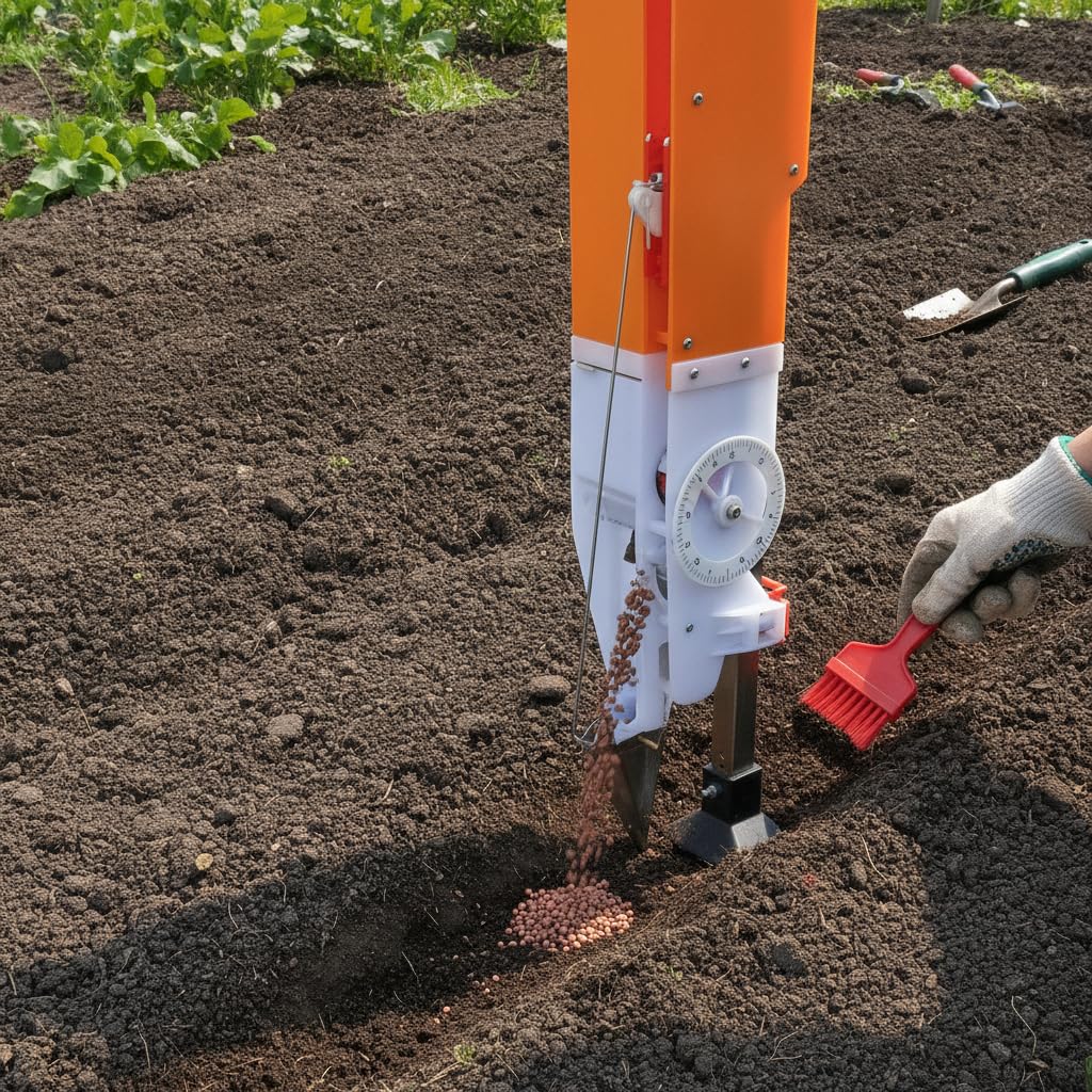 Manuelle Sämaschine, Metall, Anleitung beiliegend, Beet Sämaschine, Präzisionsaussaat, Für Agrarbetriebe, Orange, Einzelmund-Sämaschine mit 8 Saaträdern und Messlineal