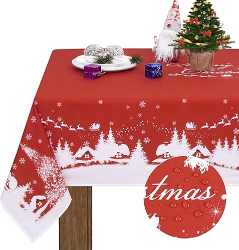 Miniatura 1 de Mantel de Navidad, mantel rojo con copos de nieve, mantel impermeable con árbol de Navidad, ciervos, para comedor, cocina, vacaciones de invierno,