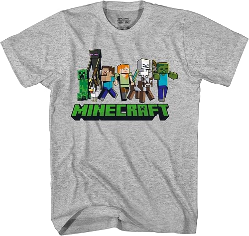 Minecraft Camiseta de cuello redondo Lineup para niños, Heather