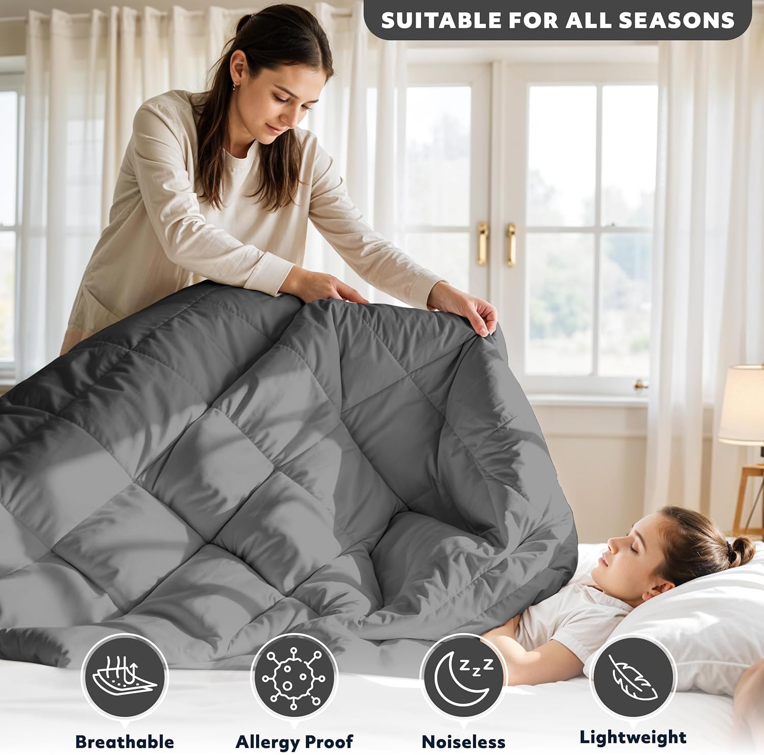 LUX Décor Lightweight Comforter Queen Size - Soft Breathable Down Alternative Diamond Stitched, All Season Grey Comforter with Double Stitched Piping, Oeko-TEX