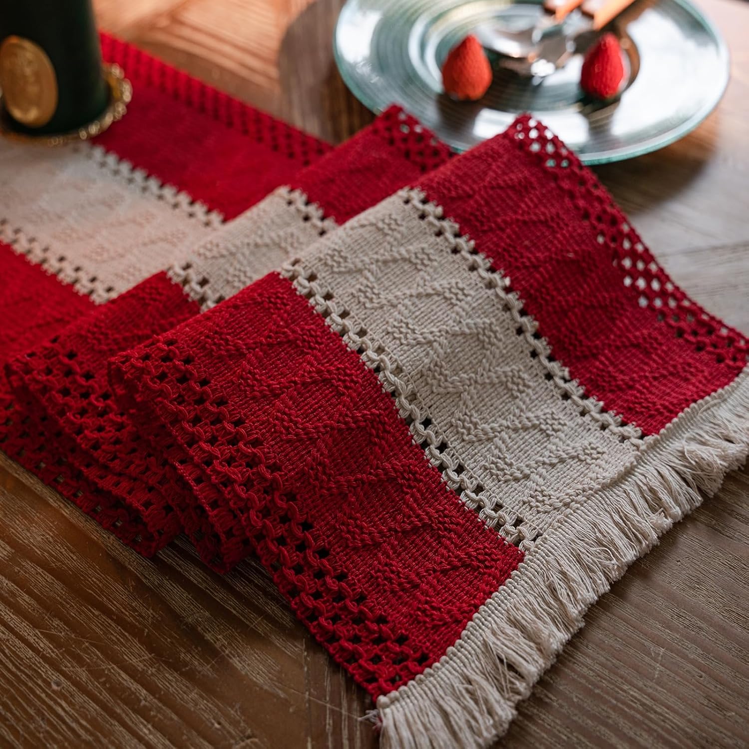 Alynsehom Macrame Table Runner Cream Beige and Red Boho