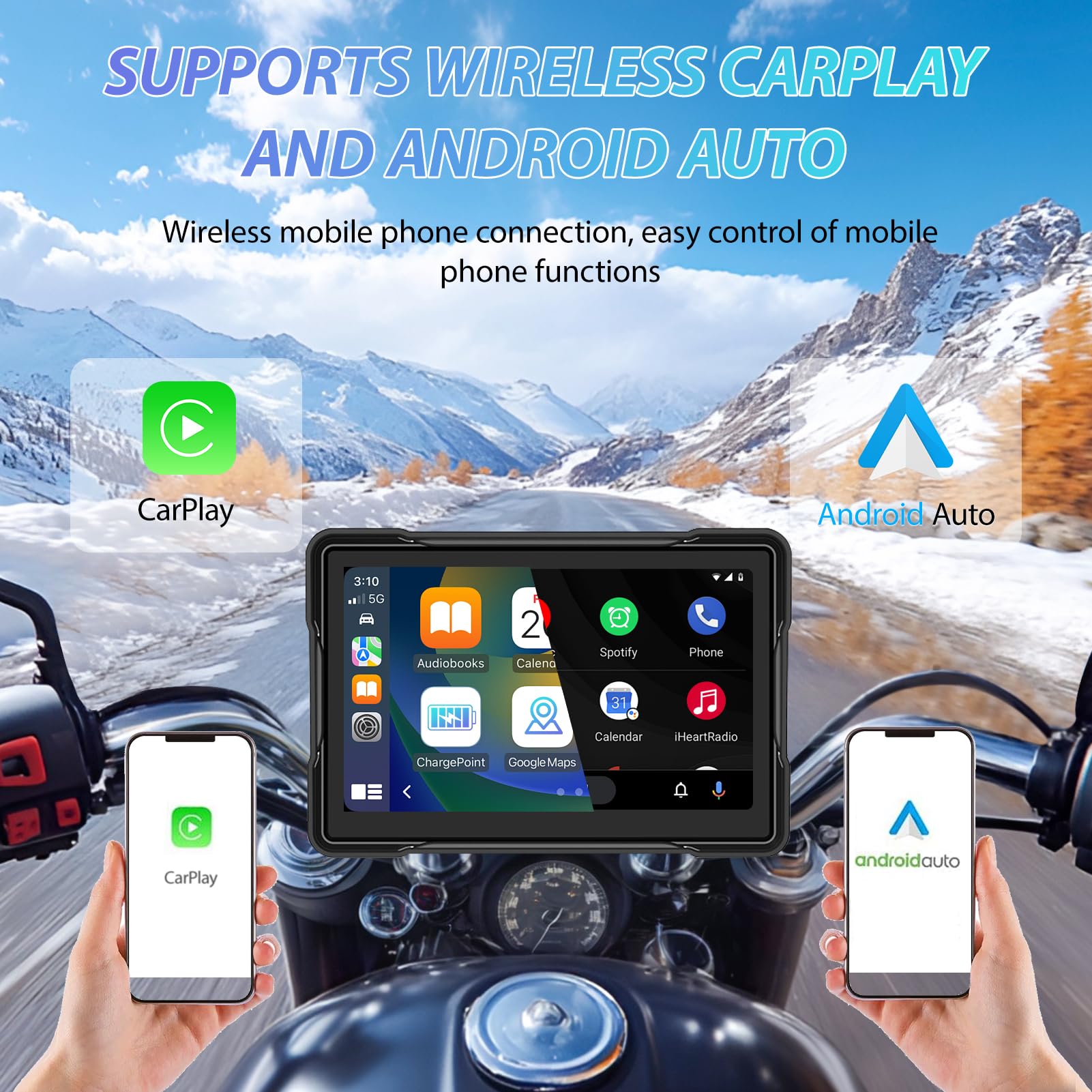 Pantalla GPS Carplay para Motocicleta,Pantalla Coche Carplay y Android Auto Inalámbrico,con IPx7 Impermeable Táctil Pantalla,Bluetooth Trans, Navegación GPS,Control de Voz