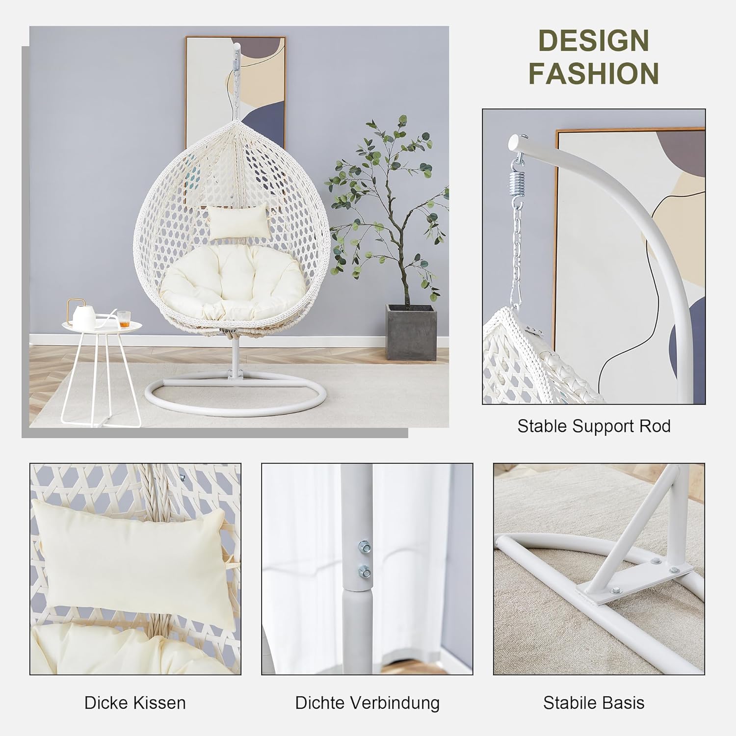 Hanging Egg Chair Outdoor Indoor,Wicker Swing Egg Chair with Stand, 300lbs Capacity for Bedroom Patio Garden Balcony Yard (White)