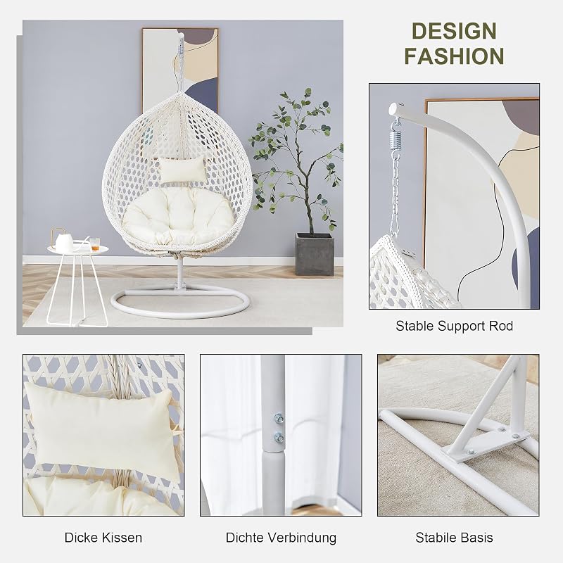 Hanging Egg Chair Outdoor Indoor, Wicker Swing Egg Chair with Stand, Rattan Basket Chair with Cushion and Pillow, 300lbs Capacity for Outside Bedroom Patio Garden Balcony Yard (White) image 5