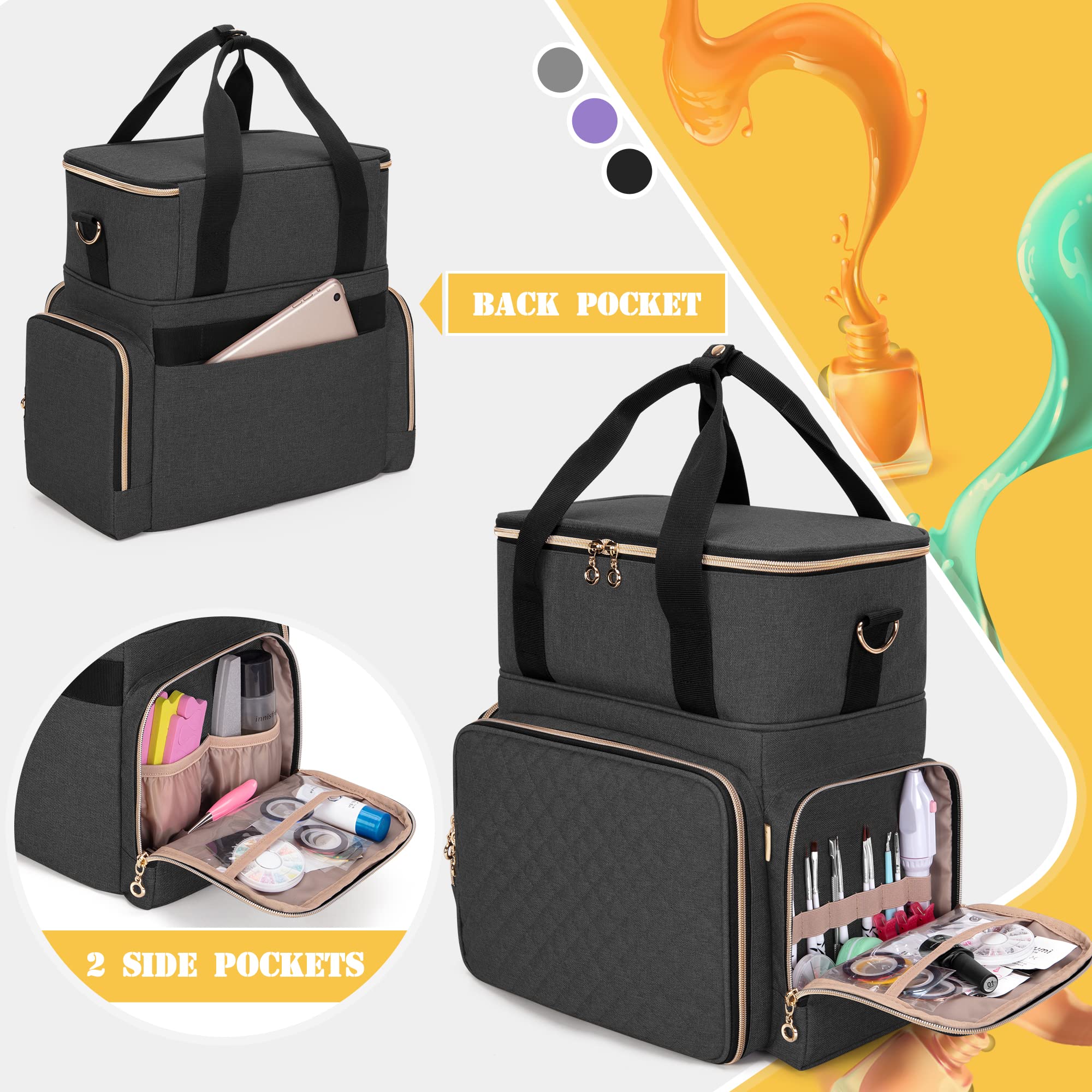 Luxja Nagellack Tasche, Nagellack Aufbewahrung Tasche für 70 Flaschen Nagellack und Nagellampe, Nagellack Organizer Tasche für Nageltrockner und Nagellack Zubehör, Schwarz