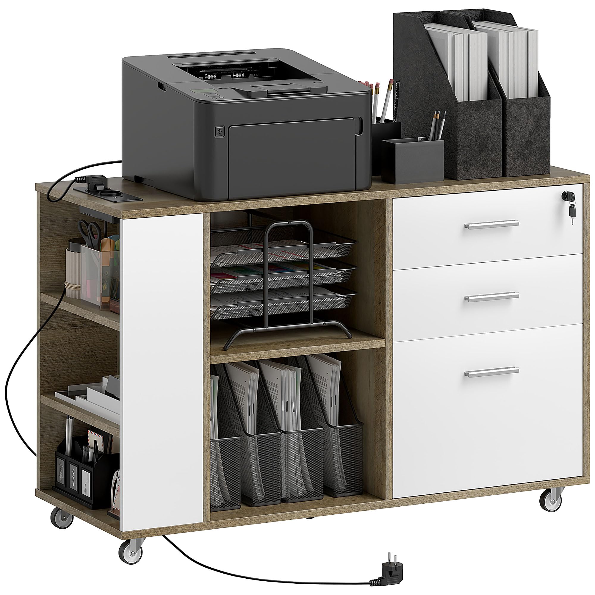 HOMCOM Cajonera de Oficina con Estación de Carga, Mueble Archivador con Ruedas, 3 Cajones, Barra Colgante, Cajonera para Escritorio con Cerradura, Estantes para Carta, A4, Legal, Marrón Grisáceo