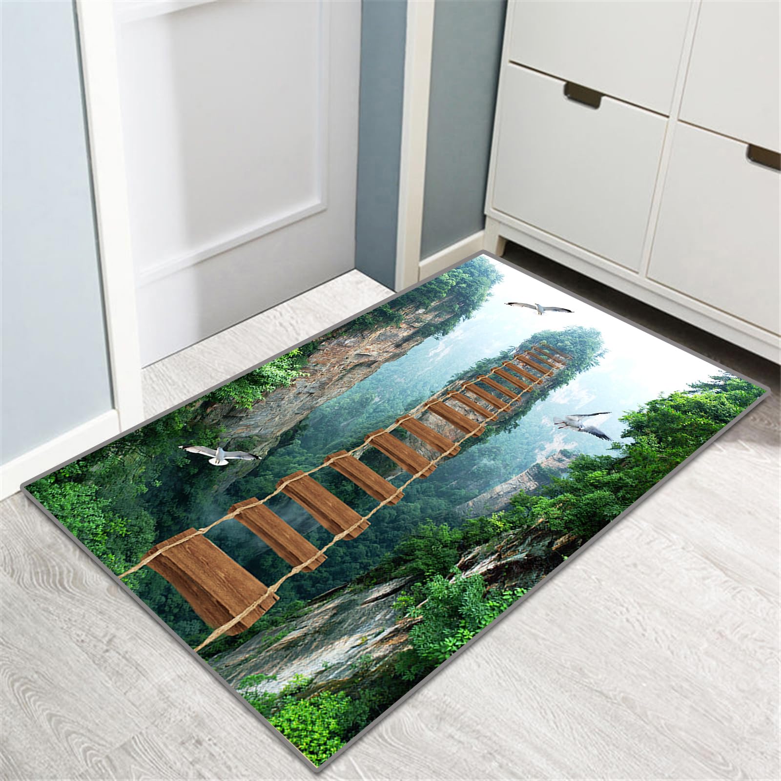 3D Illusion Teppich Läufer Flur Grün 60x300 cm rutschfest Waschbar Küchenteppich Lang Flurläufer Meterware Für Korridor Eingangsbereich Schlafzimmer Wohnzimmer Teppichmatten Anpassbar