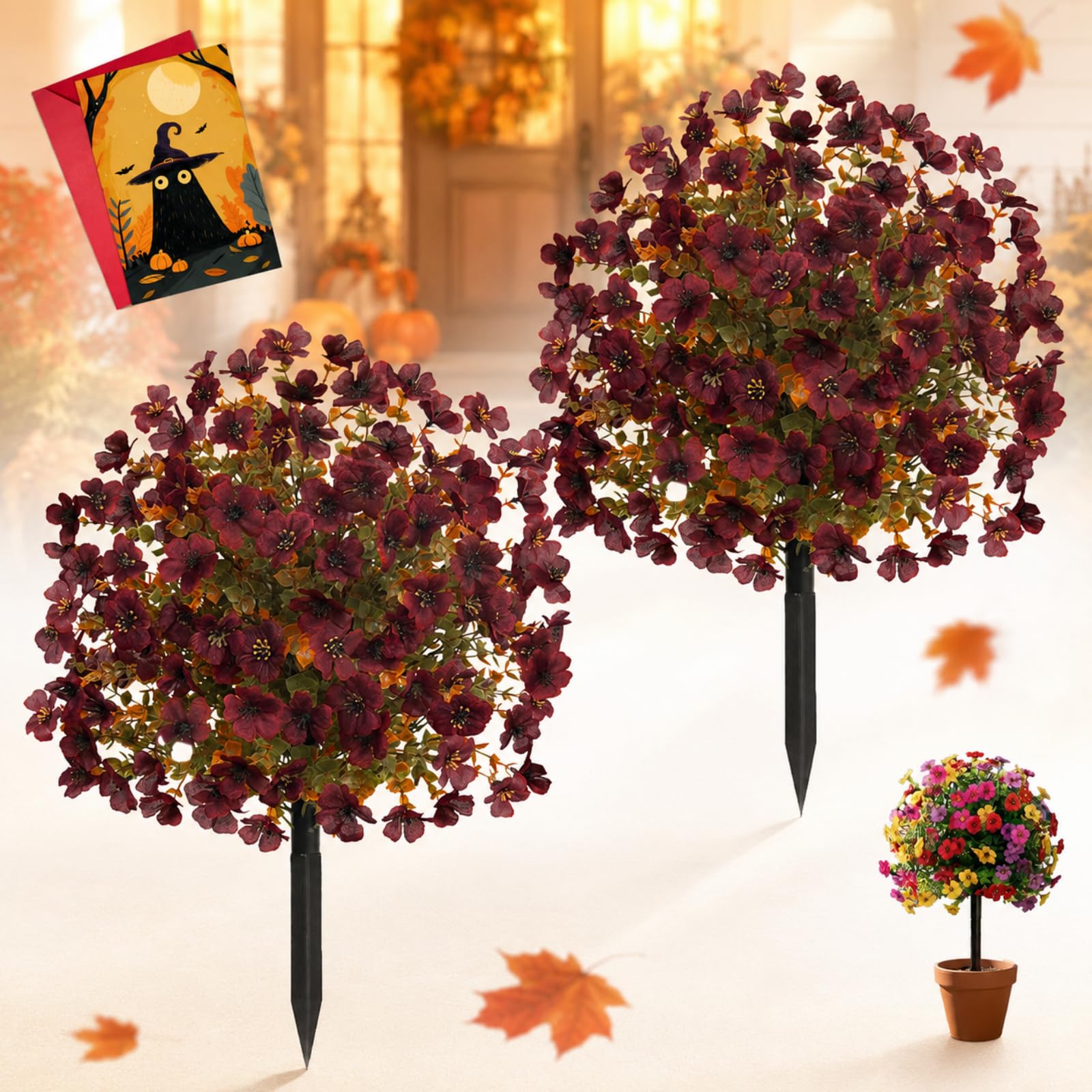 2 Pack Fall Pumpkin Topiary Trees with Stakes, 22" Outdoor Garden Stakes Decor with Orange Eucalyptus Leaves & Gourds, Fake Autumn Plant for Front Porch Pathway, Halloween & Thanksgiving Harvest (G)