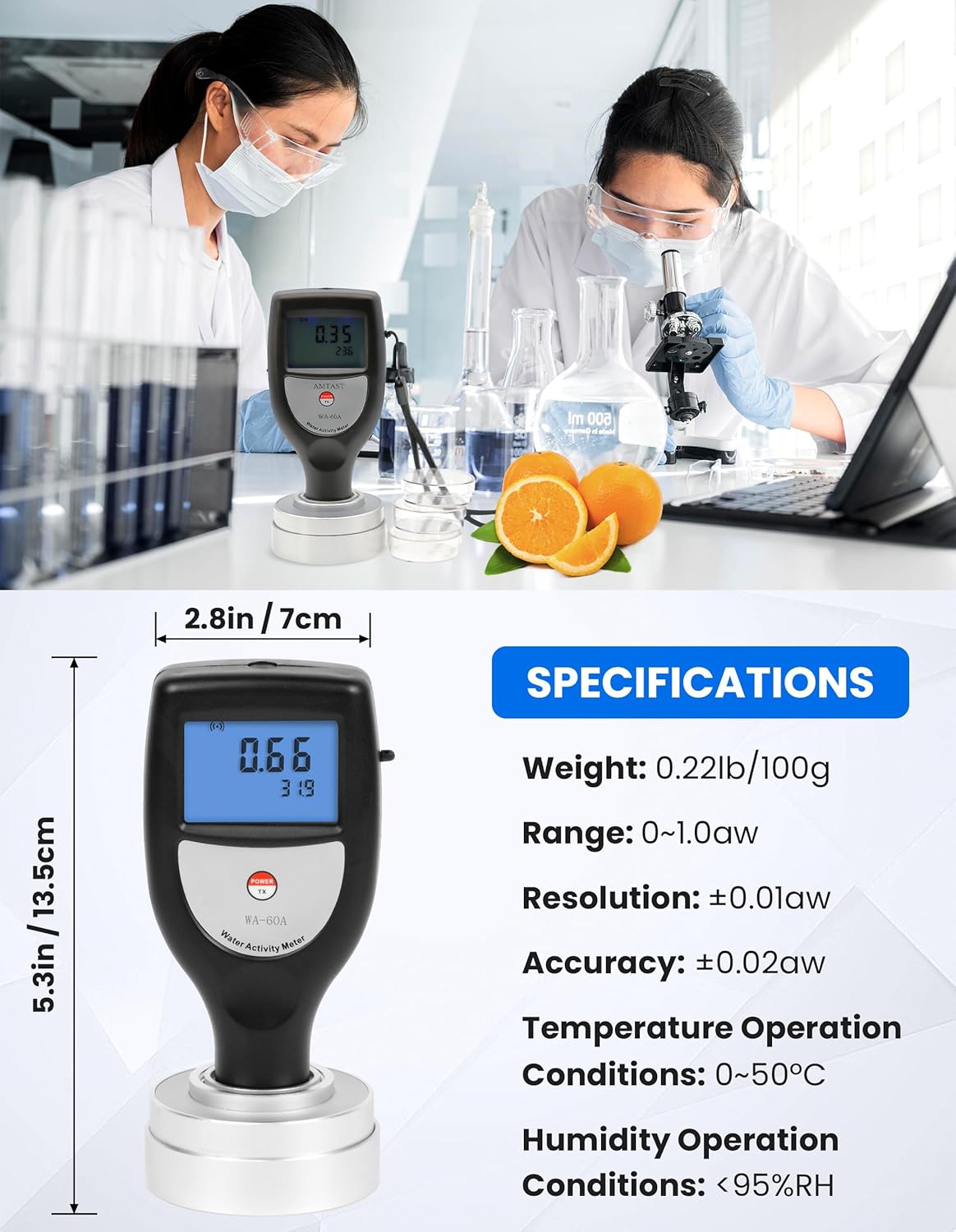 AMTAST WA-60A Water Activity Meter with specifications listed